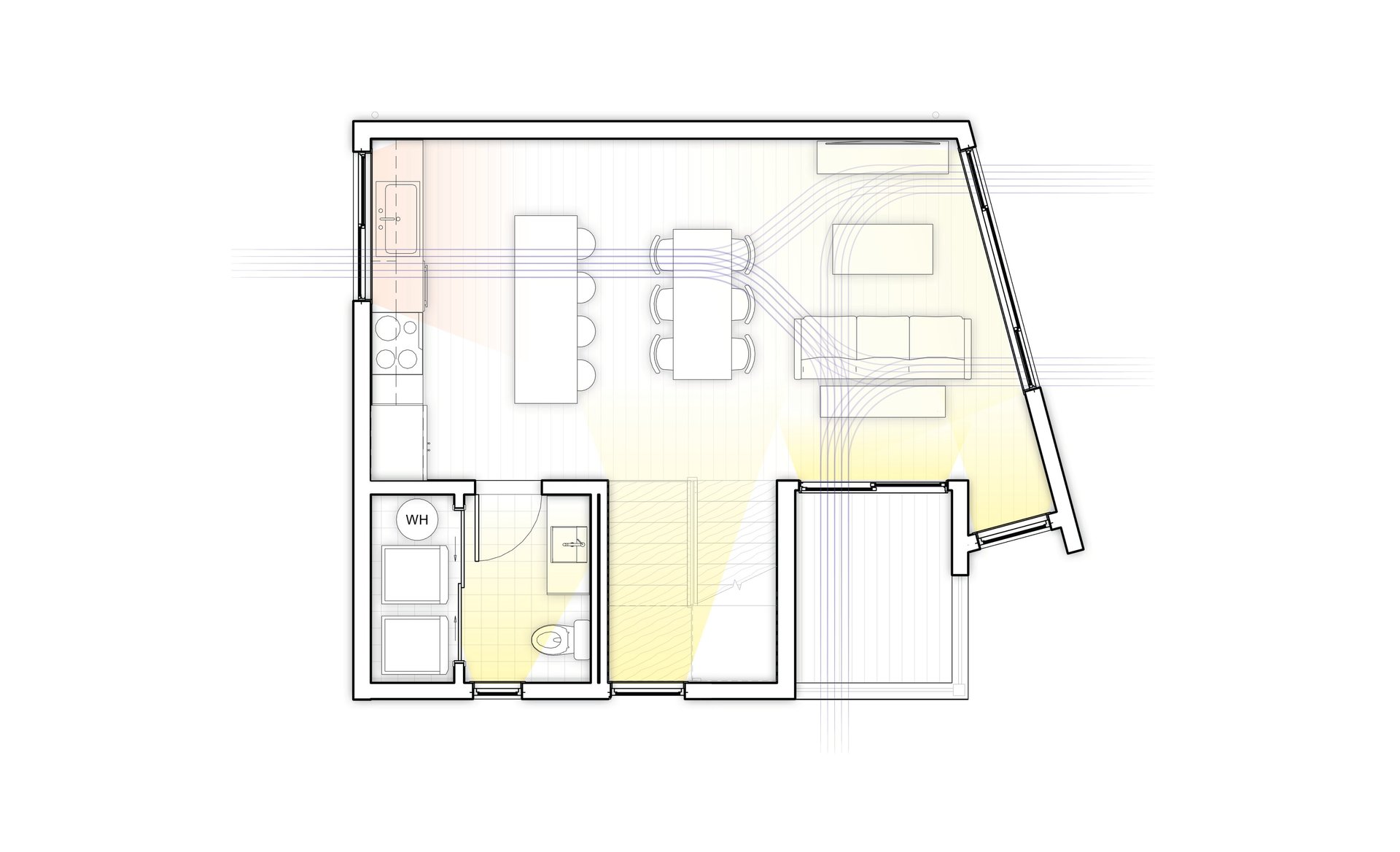 Floor plan diagram showing sunlight and cross ventilation