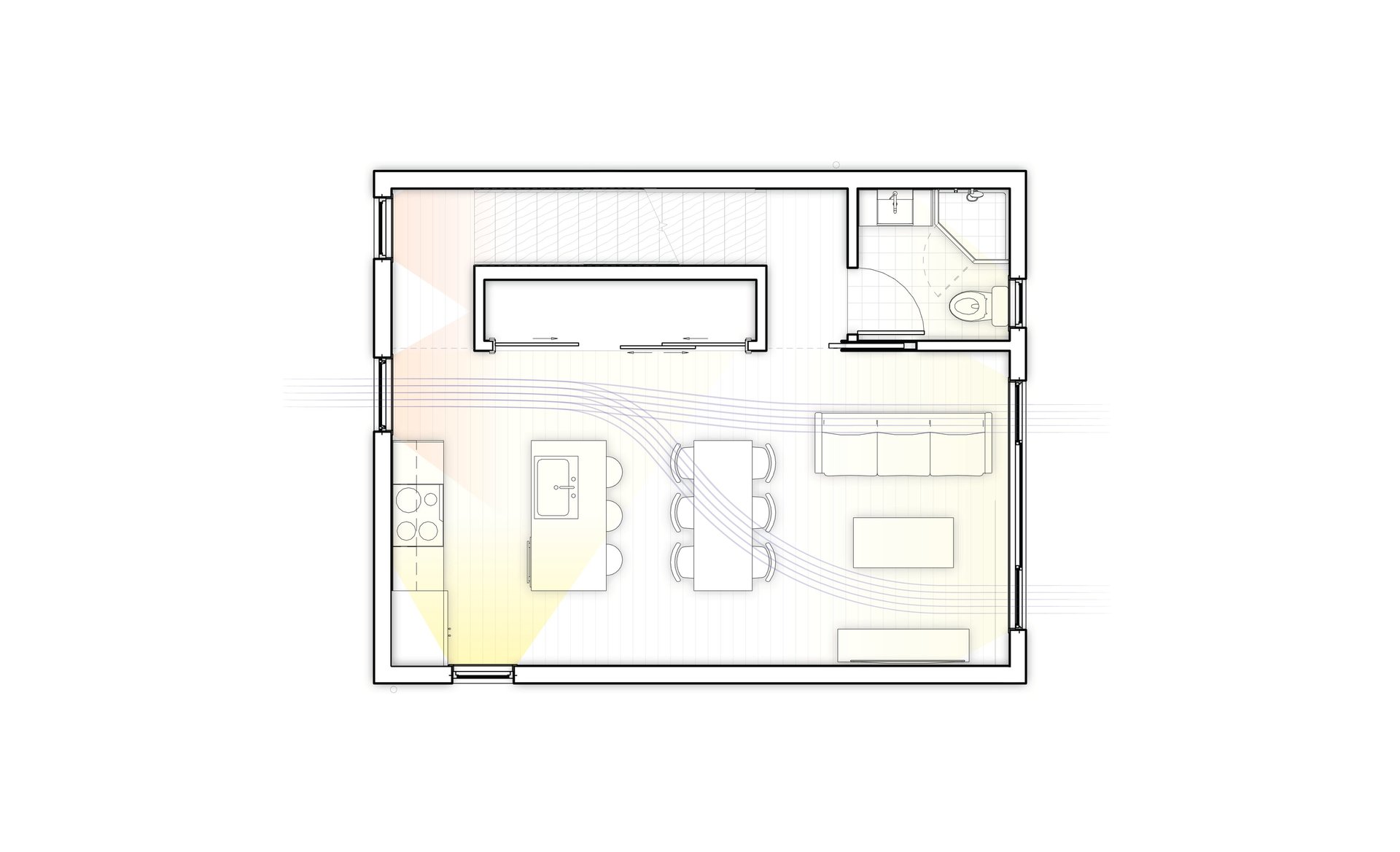 Floor plan diagram showing sunlight and cross ventilation