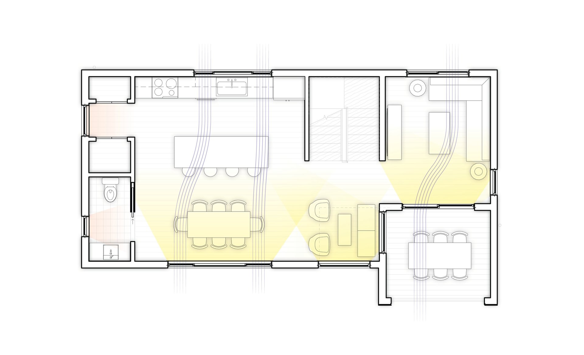 Floor plan diagram showing sunlight and cross ventilation