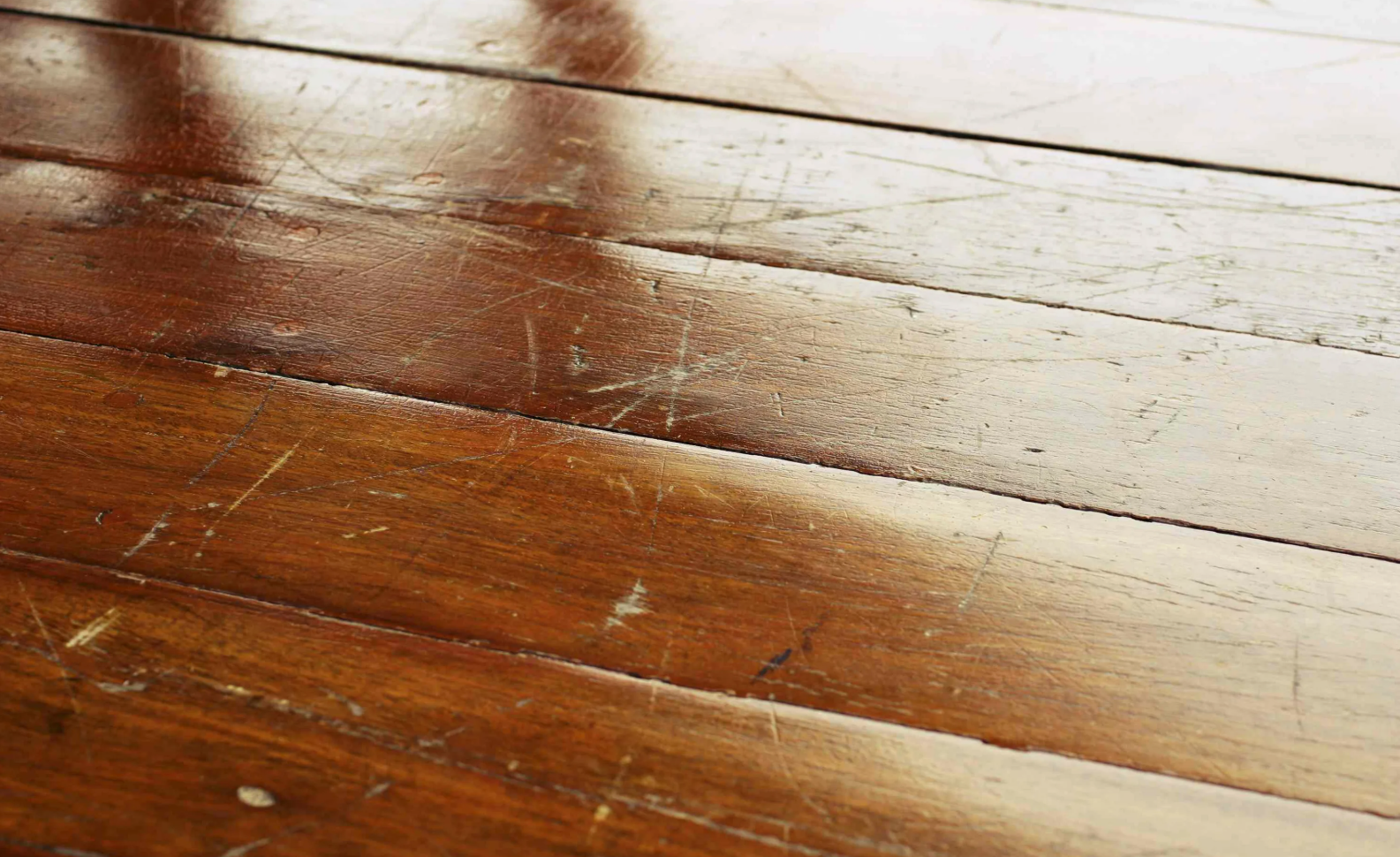 Scratched and damaged wood floors.