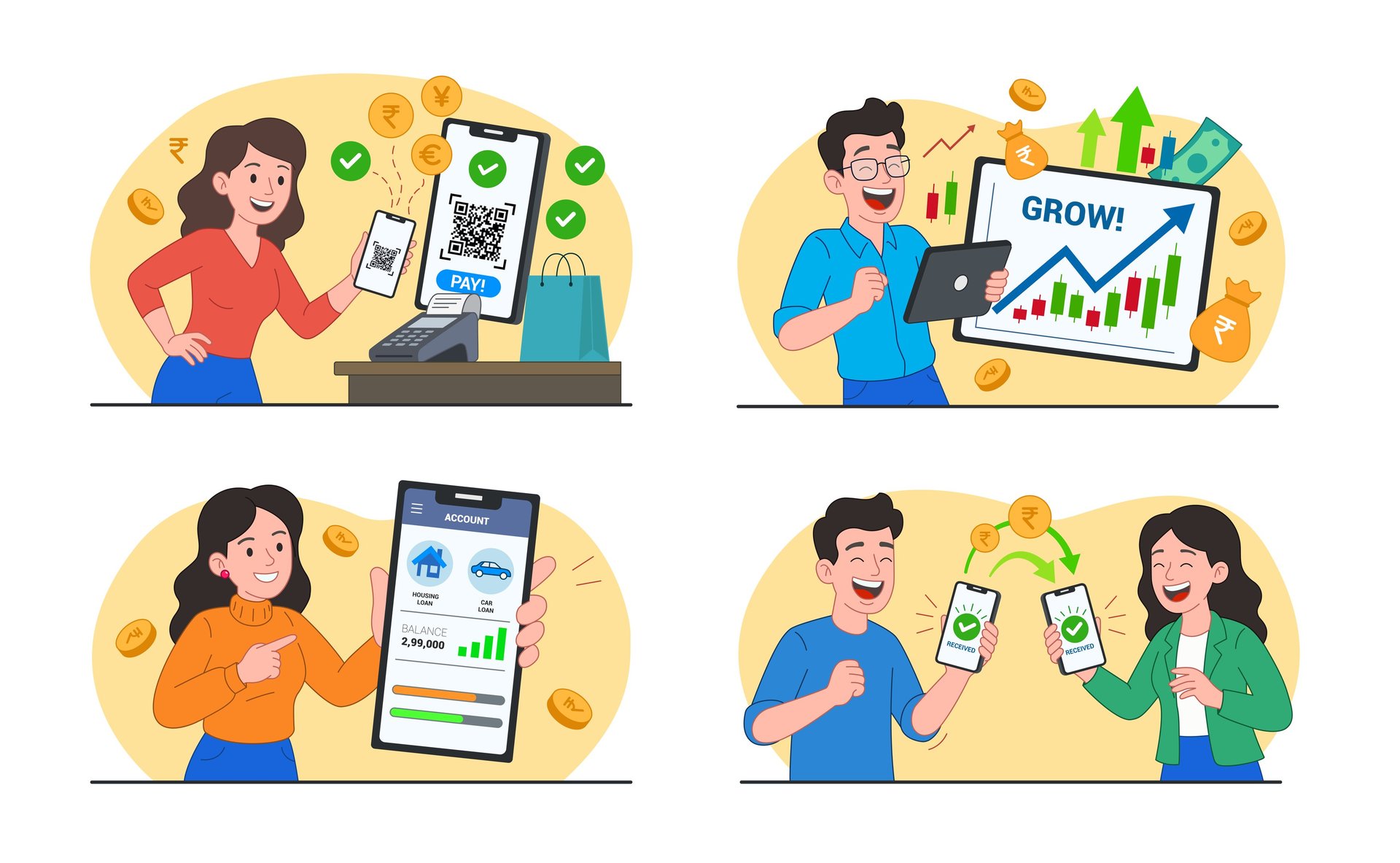 Four flat vector spot illustrations for FinTech UI/UX, featuring characters