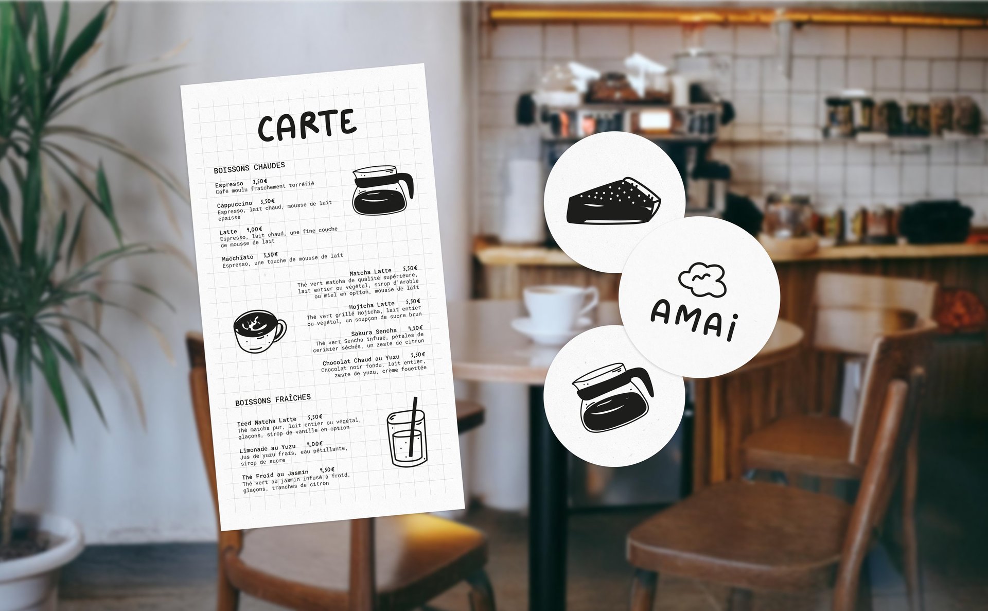 Déclinaison de l'identité visuelle Amai, café aux inspirations japonaises par Tuuk studio