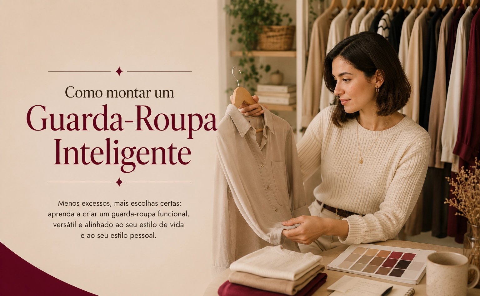 mulher organizando guarda roupa inteligente feminino com estilo pessoal e roupas neutras funcionais