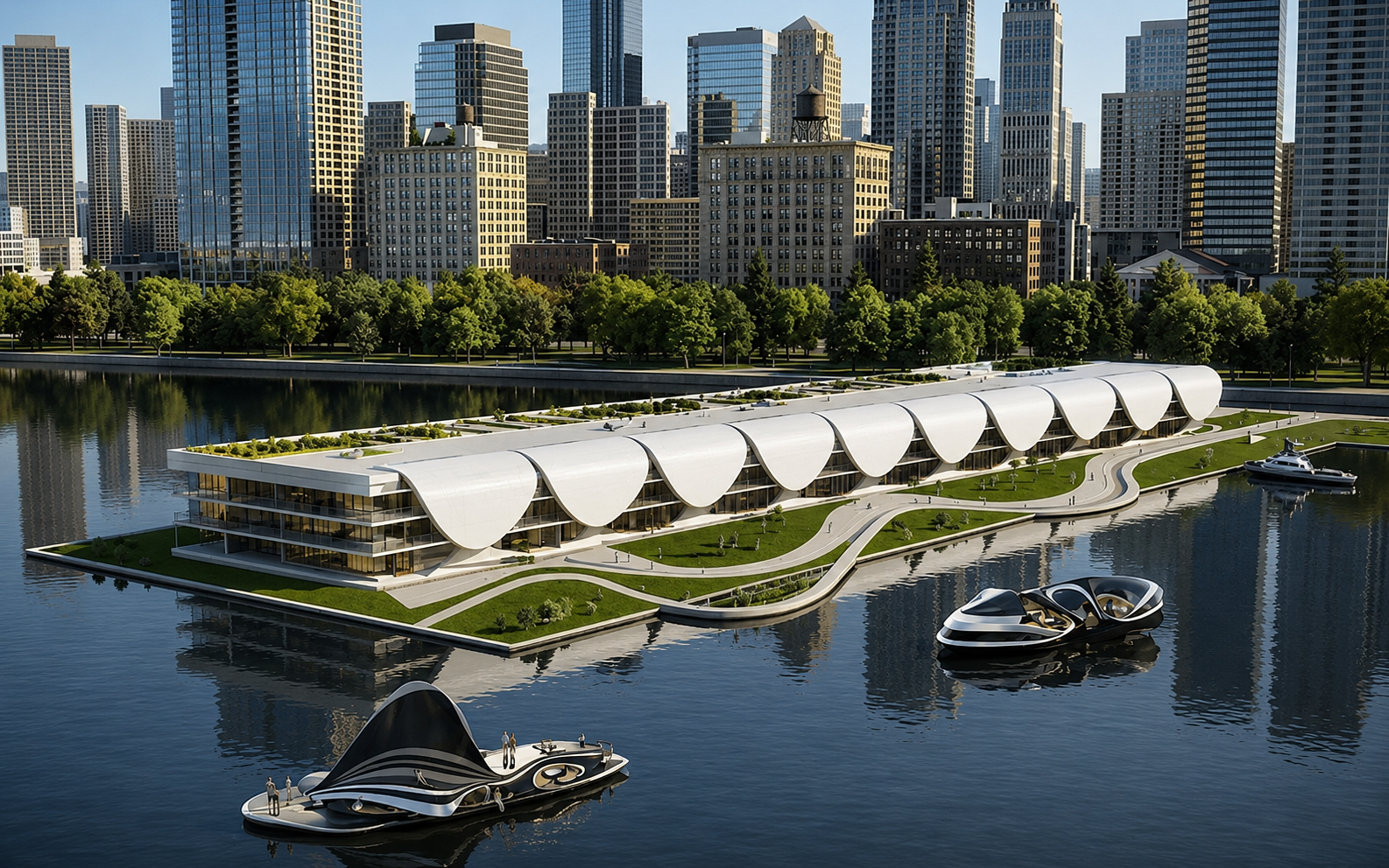 Modern futuristic floating building with wave-shaped roof on a city riverfront with skyscrapers.