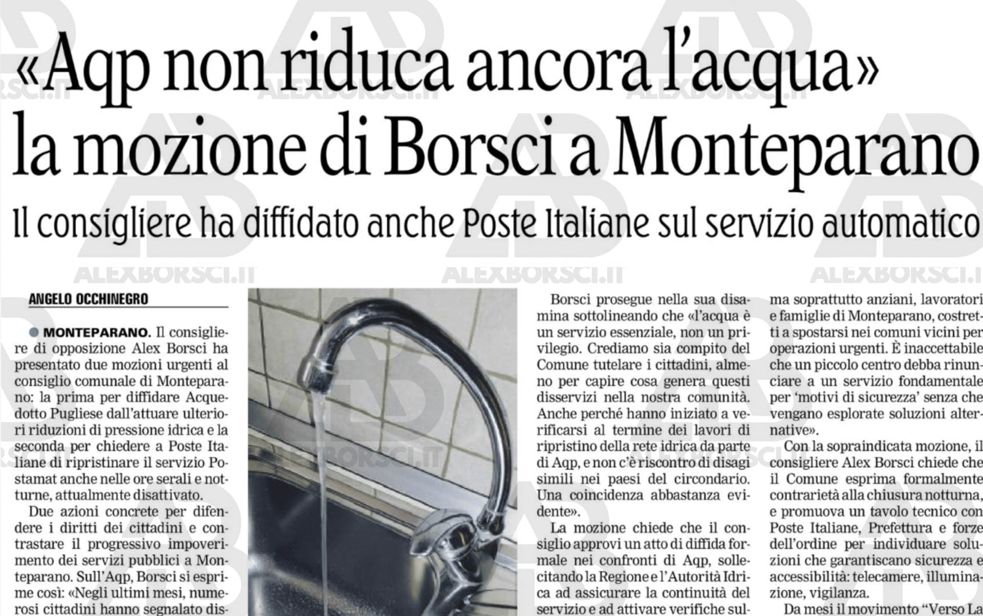 anteprima articolo gazzetta del mezzogiorno alex borsci mozioni acquedotto pugliese e postamat