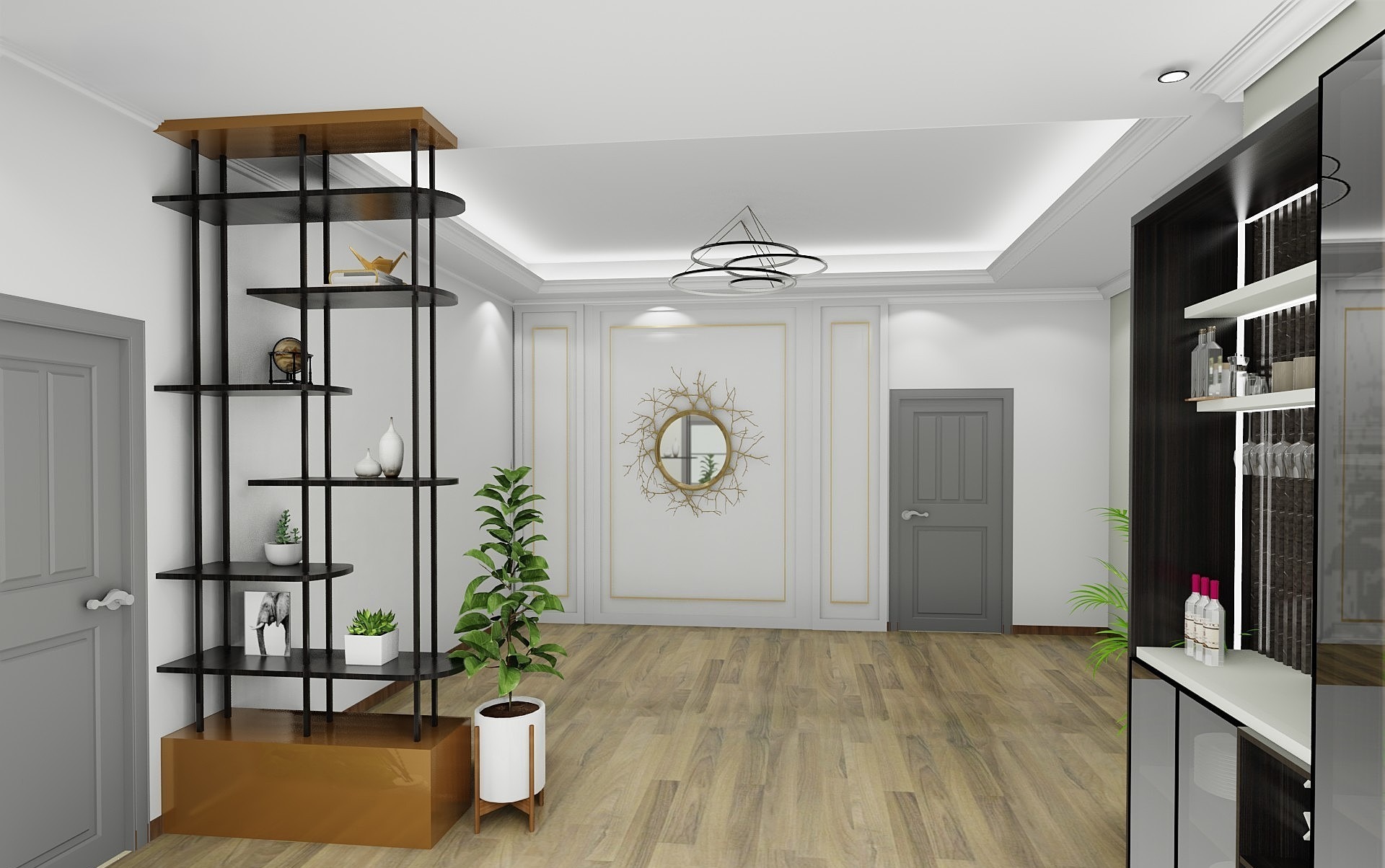 Modern living room interior with a minimalist black bookshelf, hardwood floors, and gold sunburst mirror.