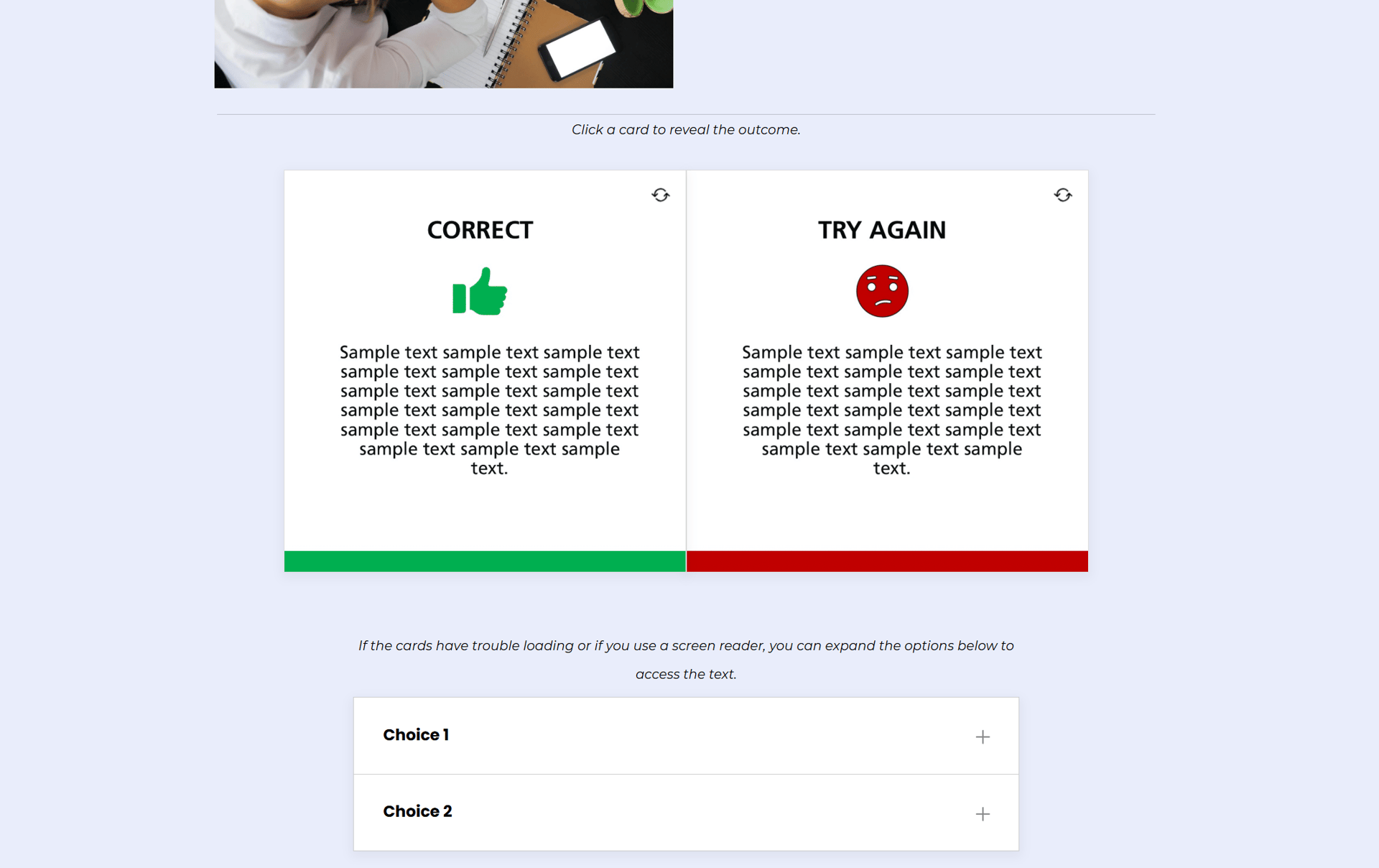 Scenario sample with 2 cards flipped showing feedback.