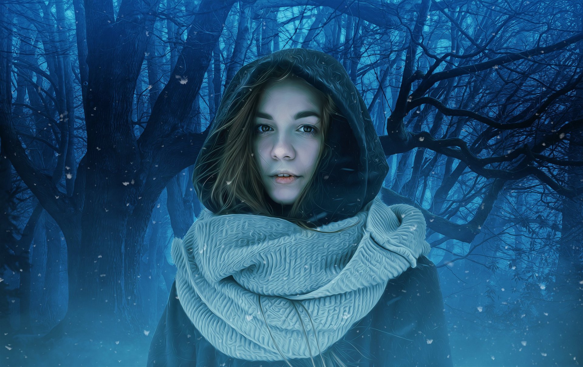 Hooded woman in blue-tinted forest