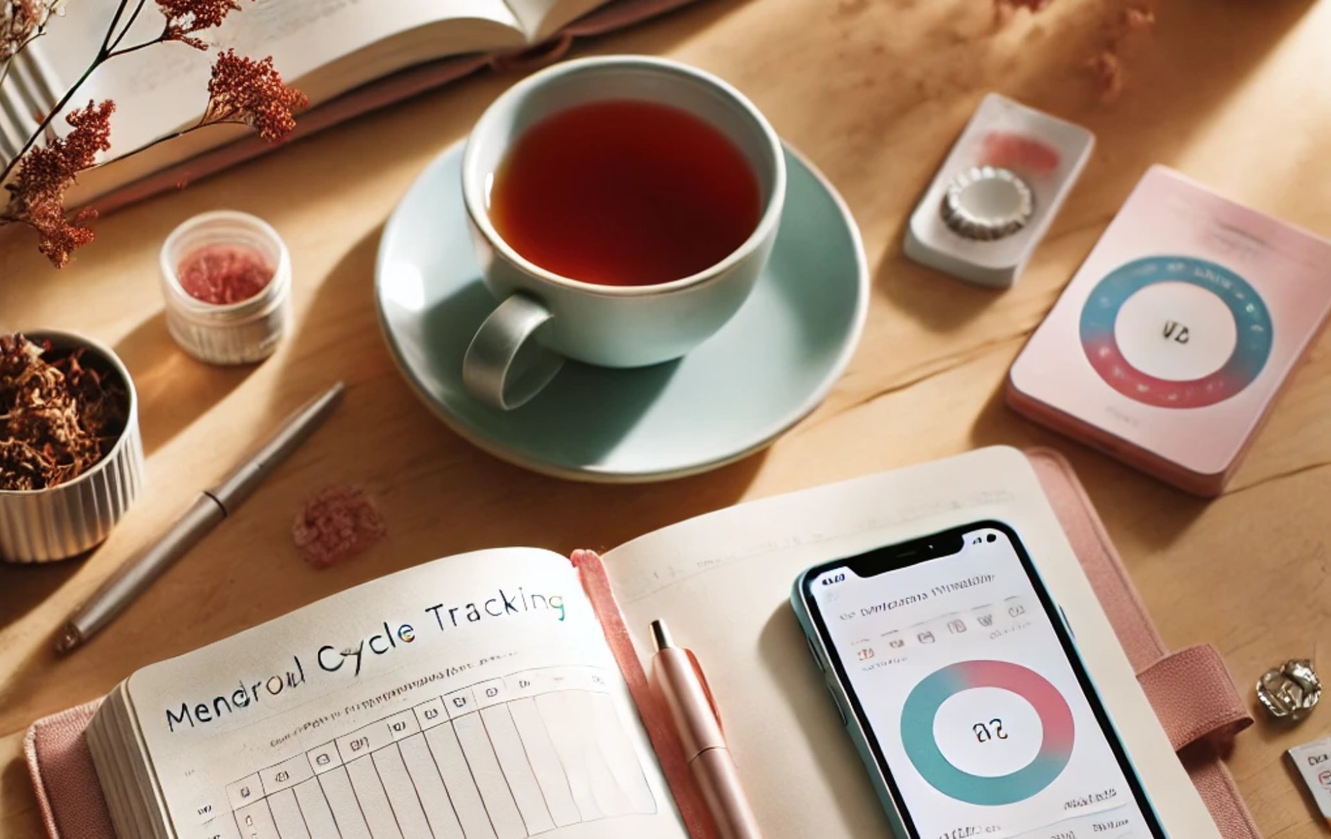picture of a tea cup and relaxing environment for tracking your menstrual cycle