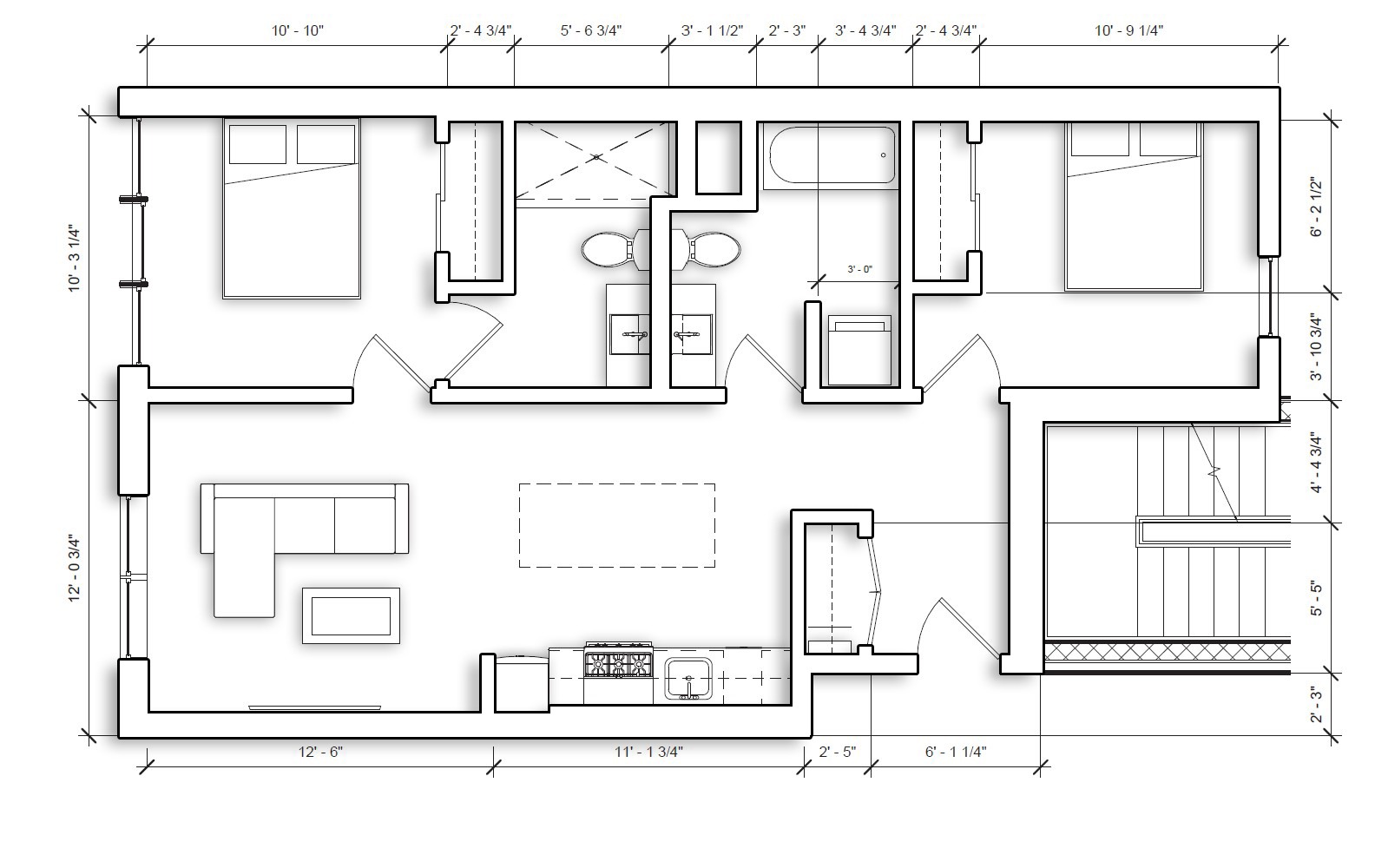 Detailed architectural floor plan of a two-bedroom apartment with dimension lines and furniture layout.