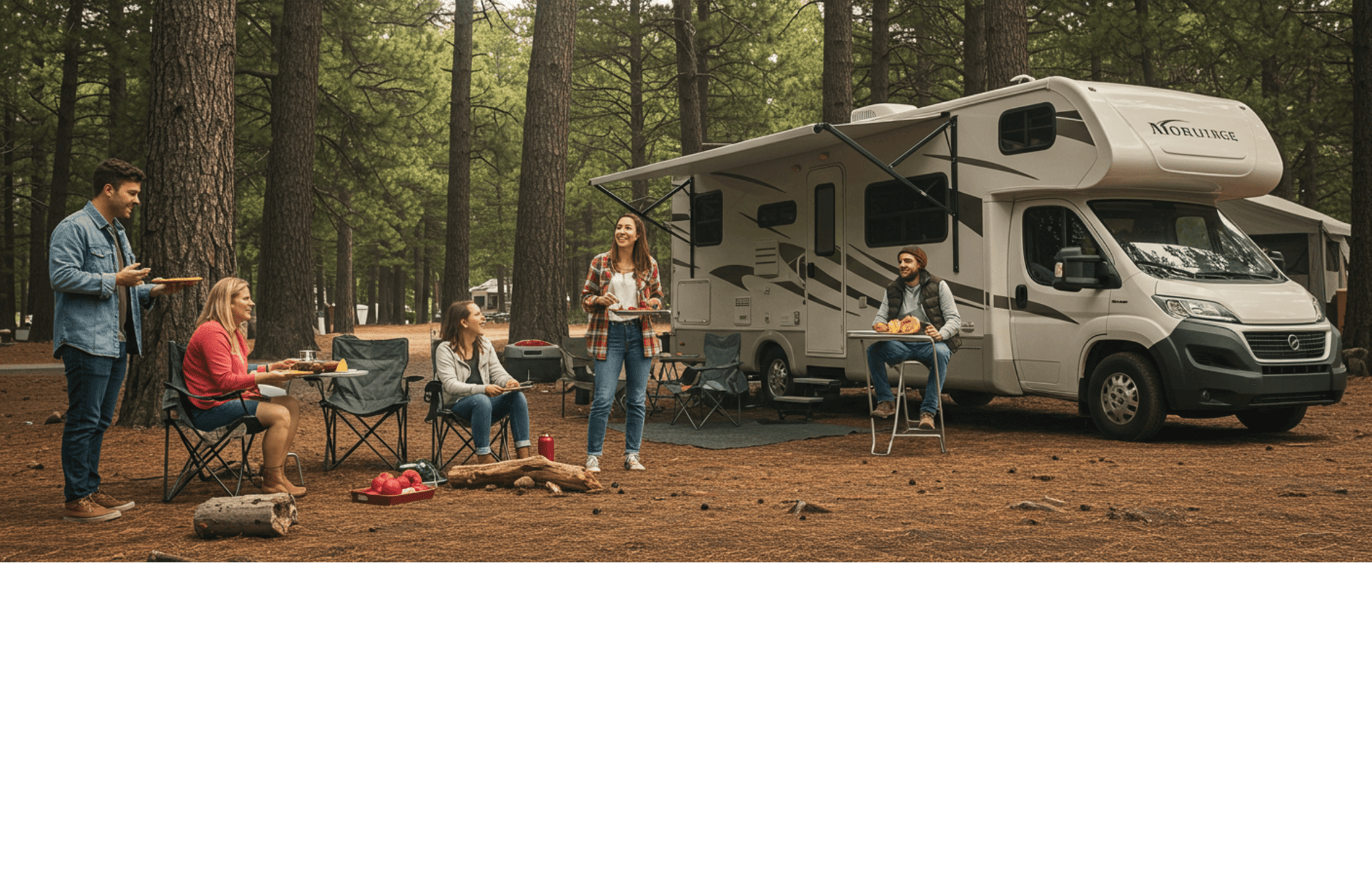 a group of people sitting around a campervan