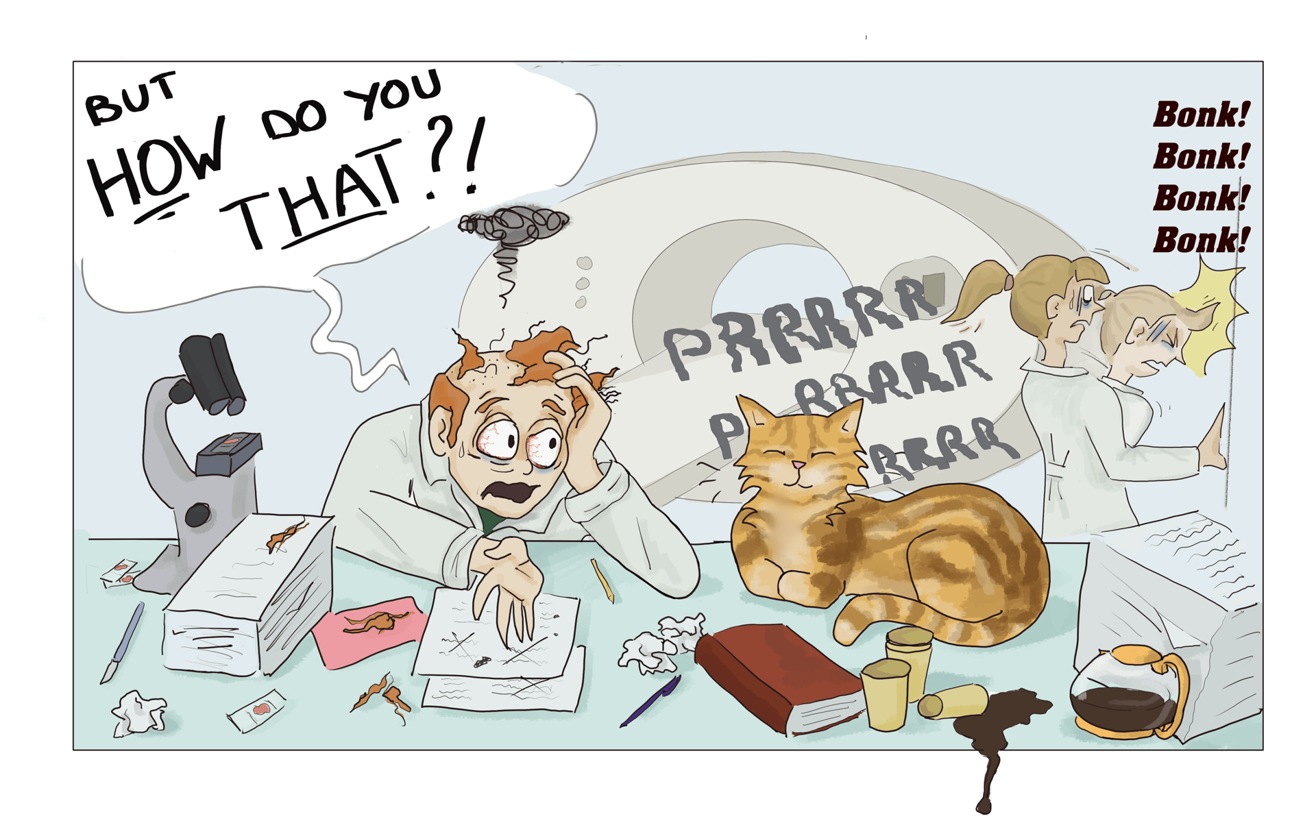 funny drawing of scientist failing to understand the purr