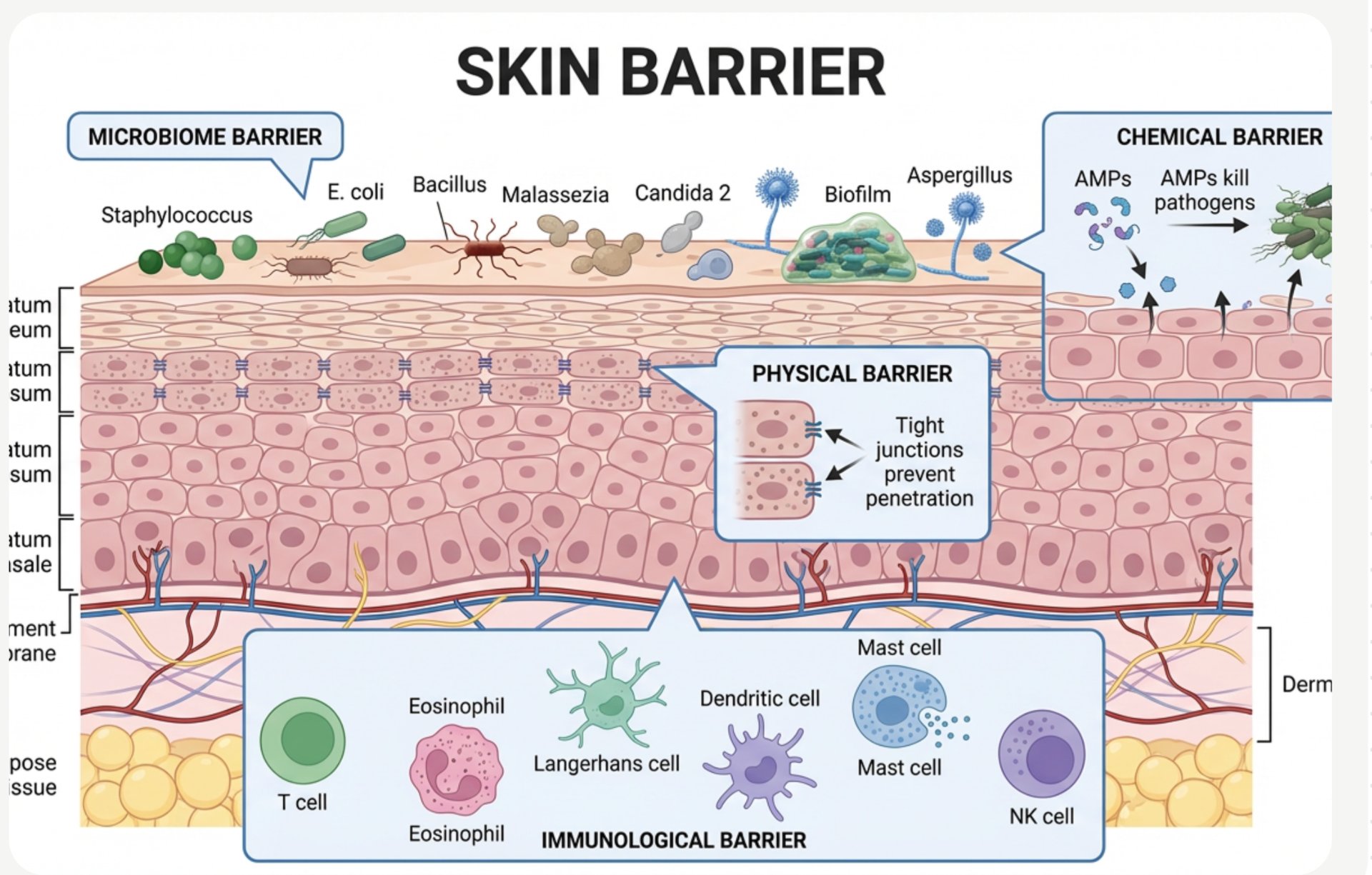 Clean diagram showing skin barrier layers: stratum corneum, lipid bilayer, keratinocytes as bricks a
