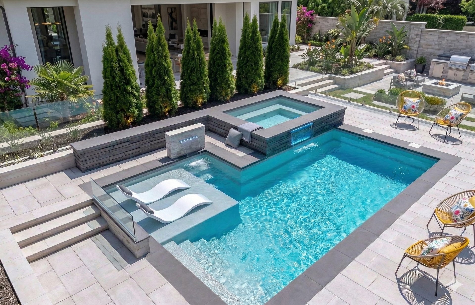 Modern luxury backyard swimming pool with an elevated hot tub, tanning ledge, and sleek stone patio.