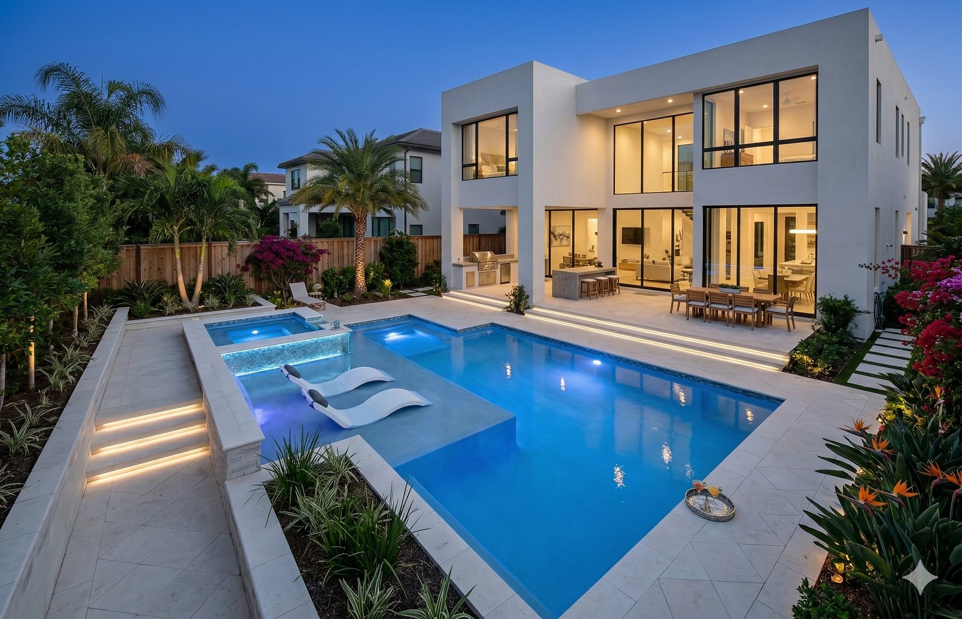 Modern luxury home at dusk featuring a glowing backyard swimming pool with an integrated hot tub and patio lounge.