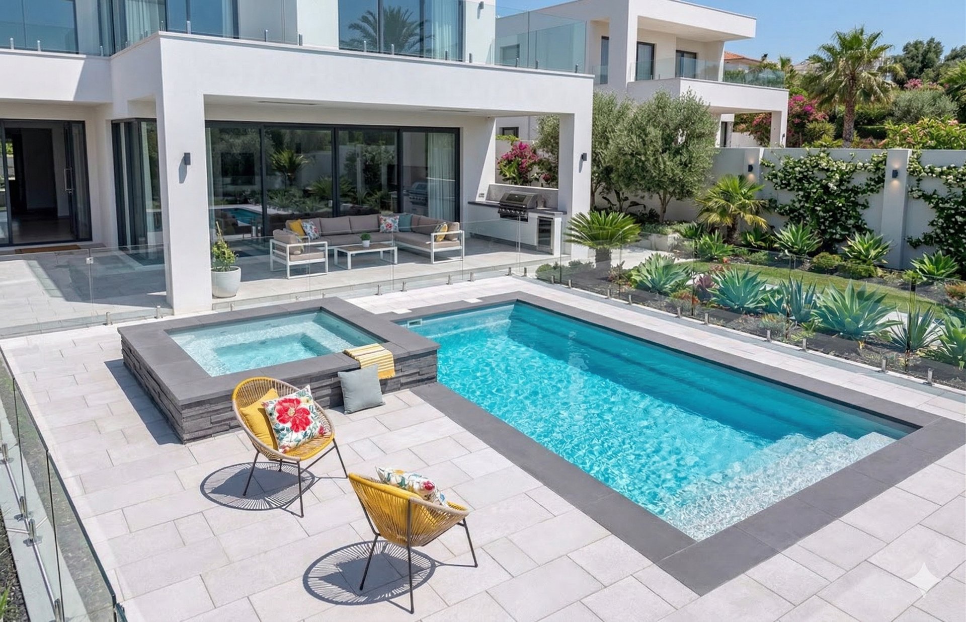 Modern luxury backyard featuring a rectangular swimming pool, raised hot tub, and patio lounge area.