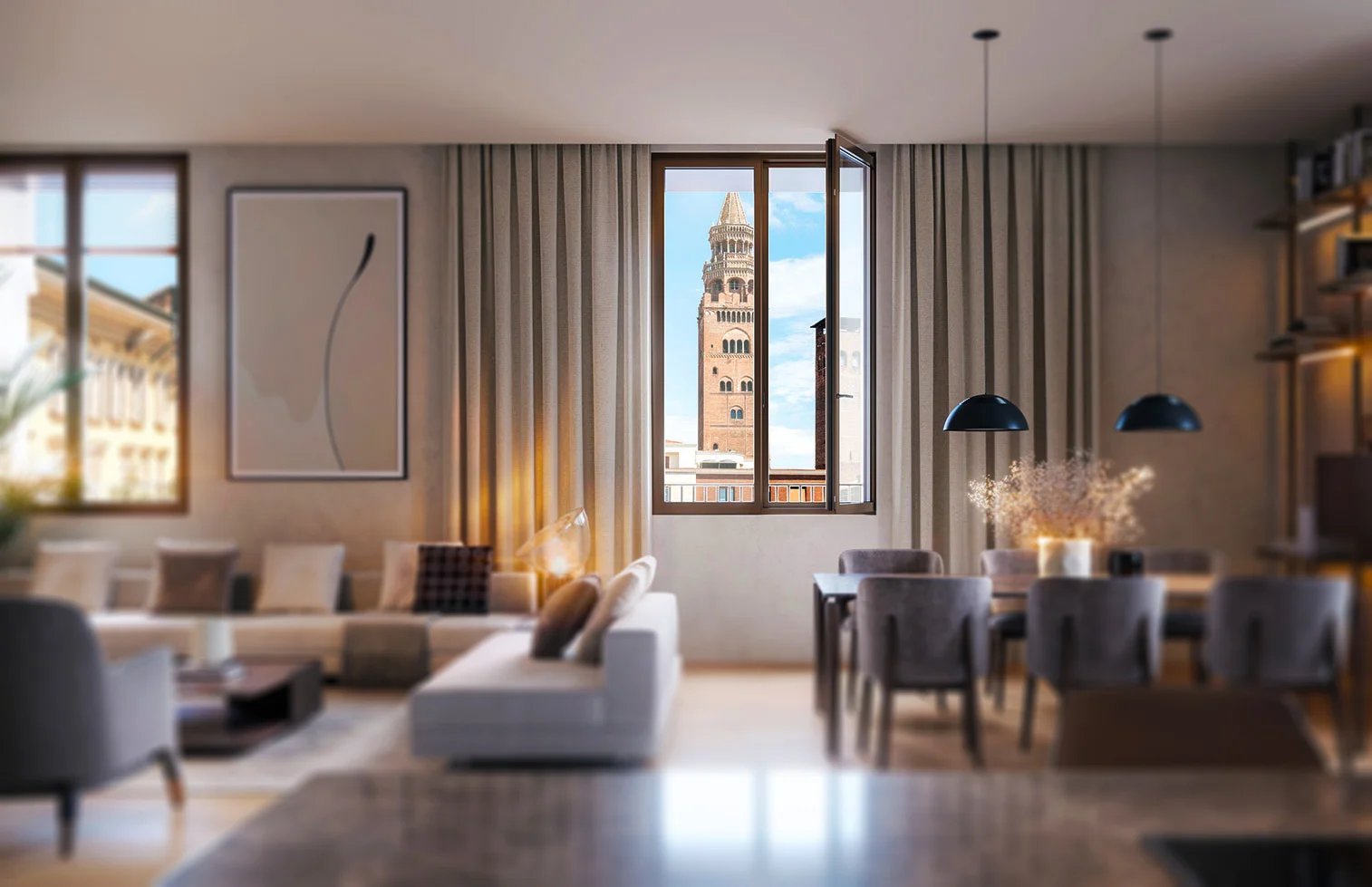 Interno residenziale moderno con vista sul Torrazzo di Cremona, rappresentativo delle residenze sviluppate da Findonati.