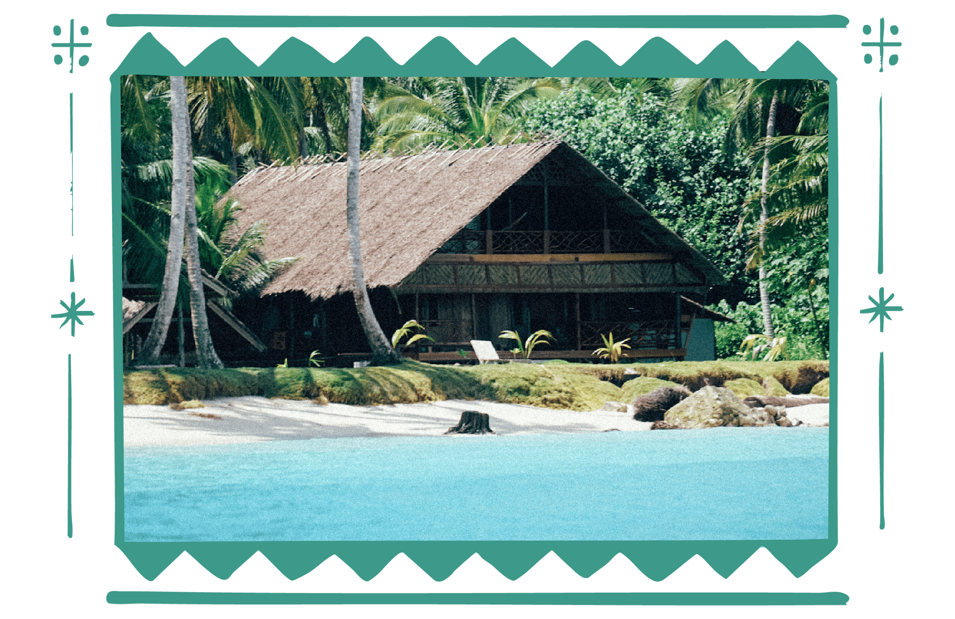 Toska Mentawai Surf House beachfront cabin with palm trees and turquoise ocean