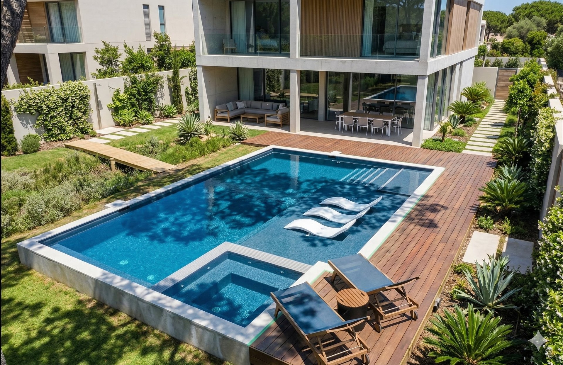 Modern luxury villa featuring a rectangular swimming pool with an integrated hot tub and wooden deck.