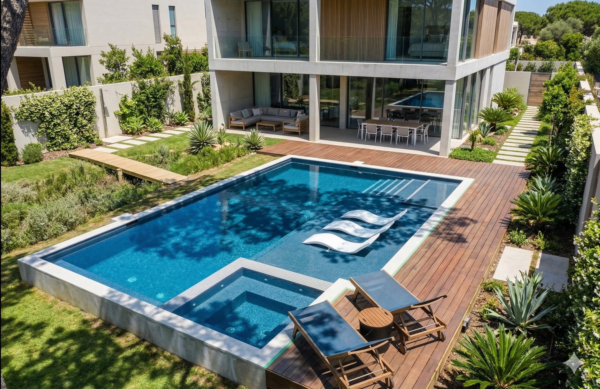 Luxury modern villa with a rectangular swimming pool, integrated hot tub, and wood deck patio.