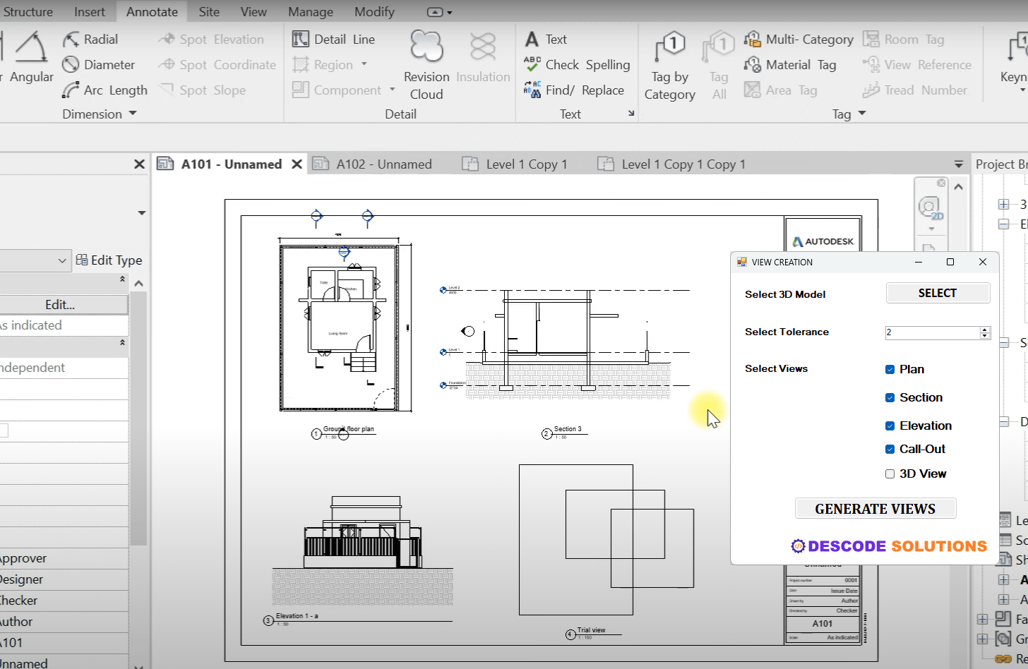 Image depicting Revit Customization tool generating plan, elevation and section views from 3D model