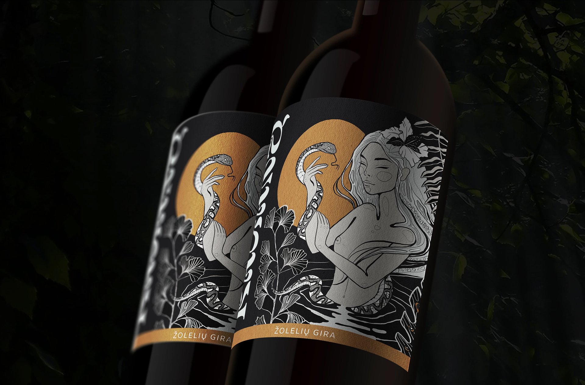 Two bottles of herbal kvass featuring artistic labels with a gold moon and snake illustration.