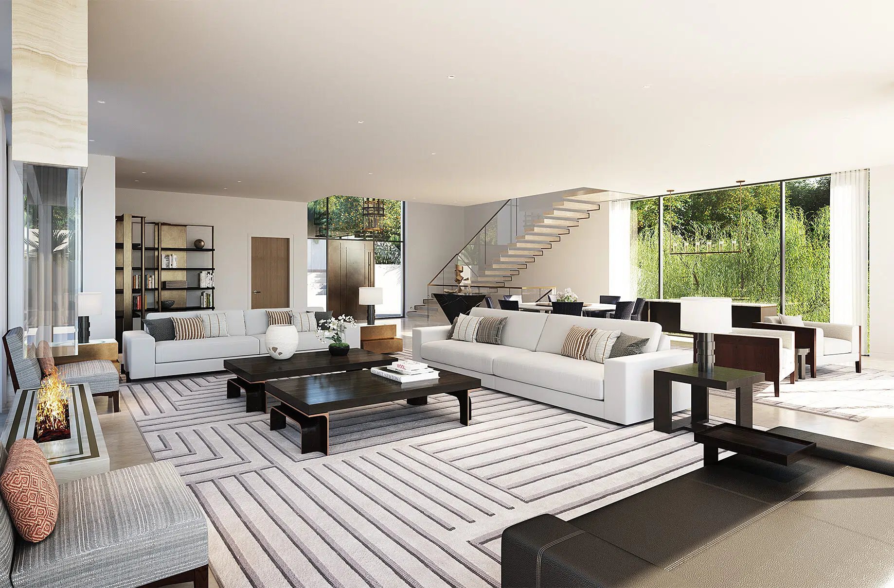 a living room with a couch and a staircase Nour Nagy Designs London interior Design