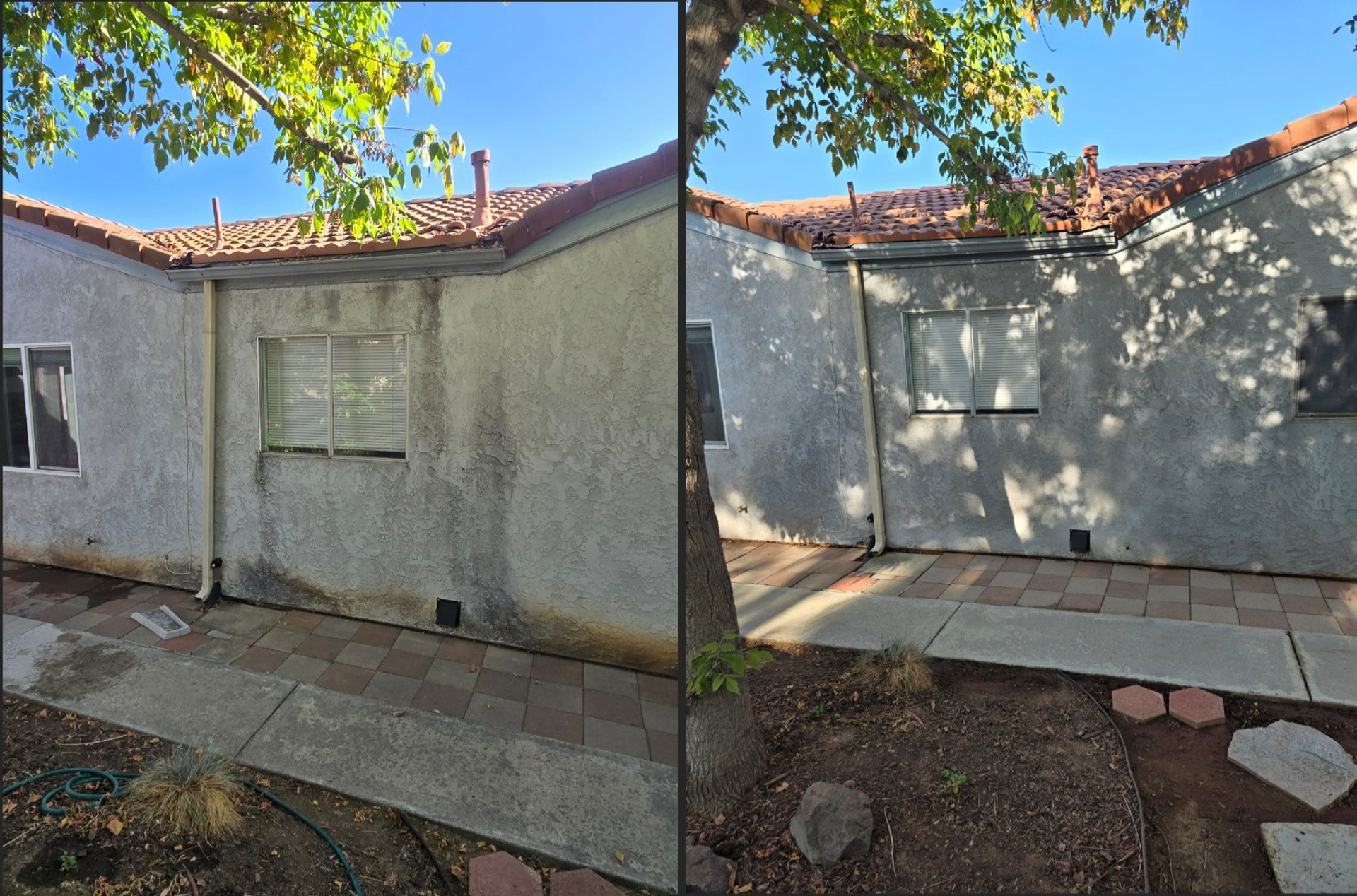 Before and after soft washing of a stucco house exterior with mildew removal in Escondido, CA.