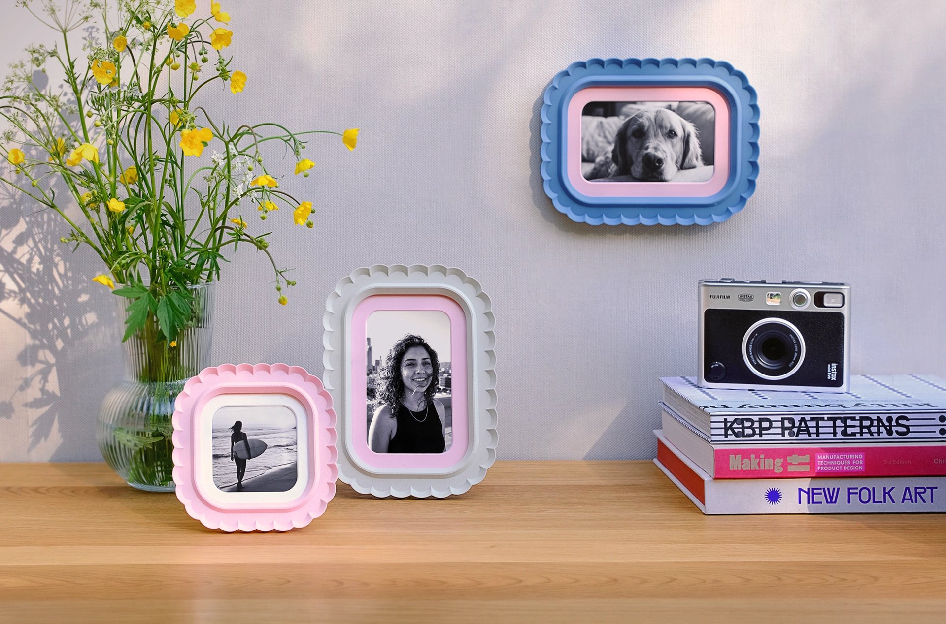     3D printed photo desk and wall  frames styled in a modern home interior for personal spaces