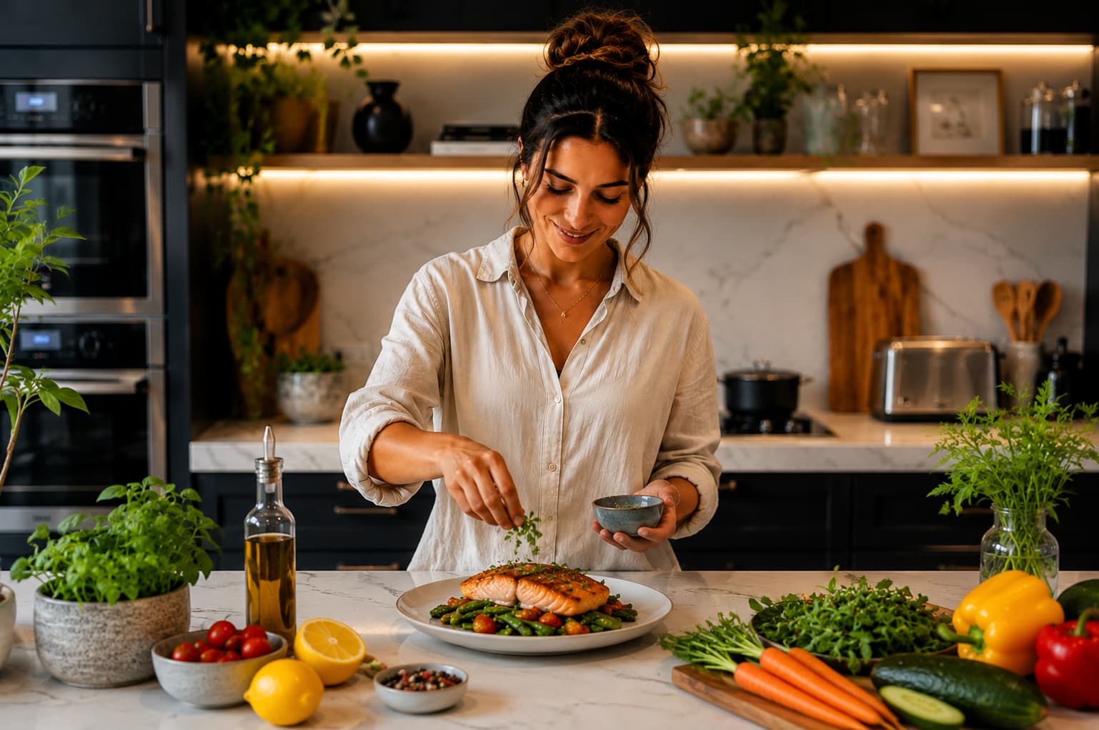 Receita saudável e nutritiva com salmão, legumes e ervas