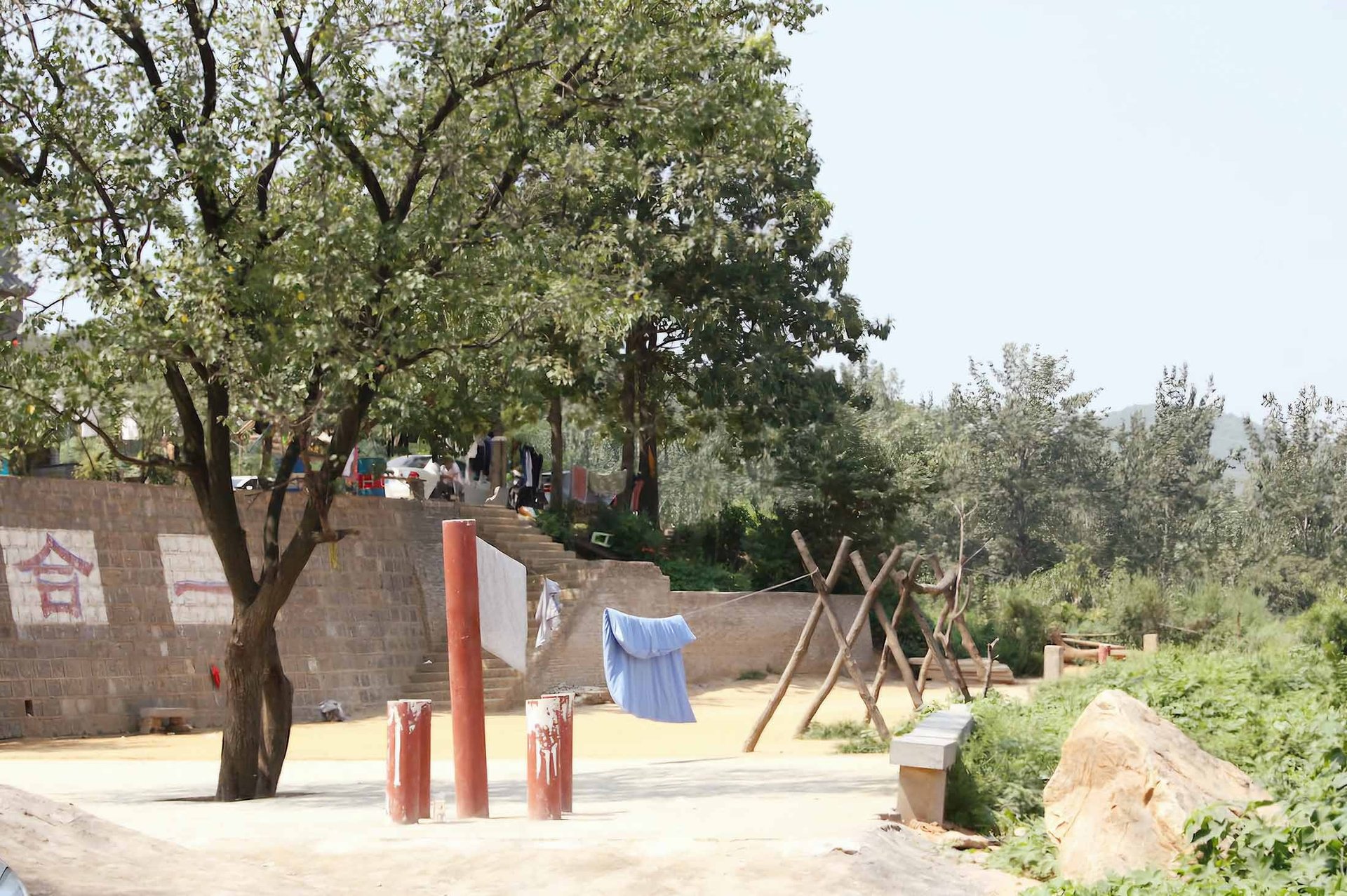 a clothesline with clothes hanging on a clothes line