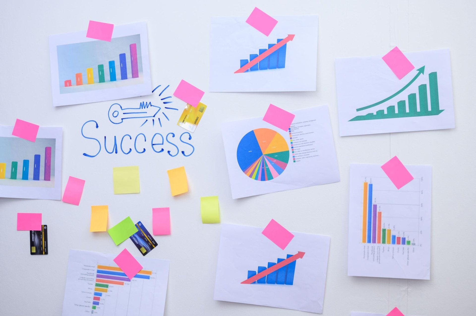 Charts and graphs with colorful sticky notes are arranged around the word "Success" on a wall