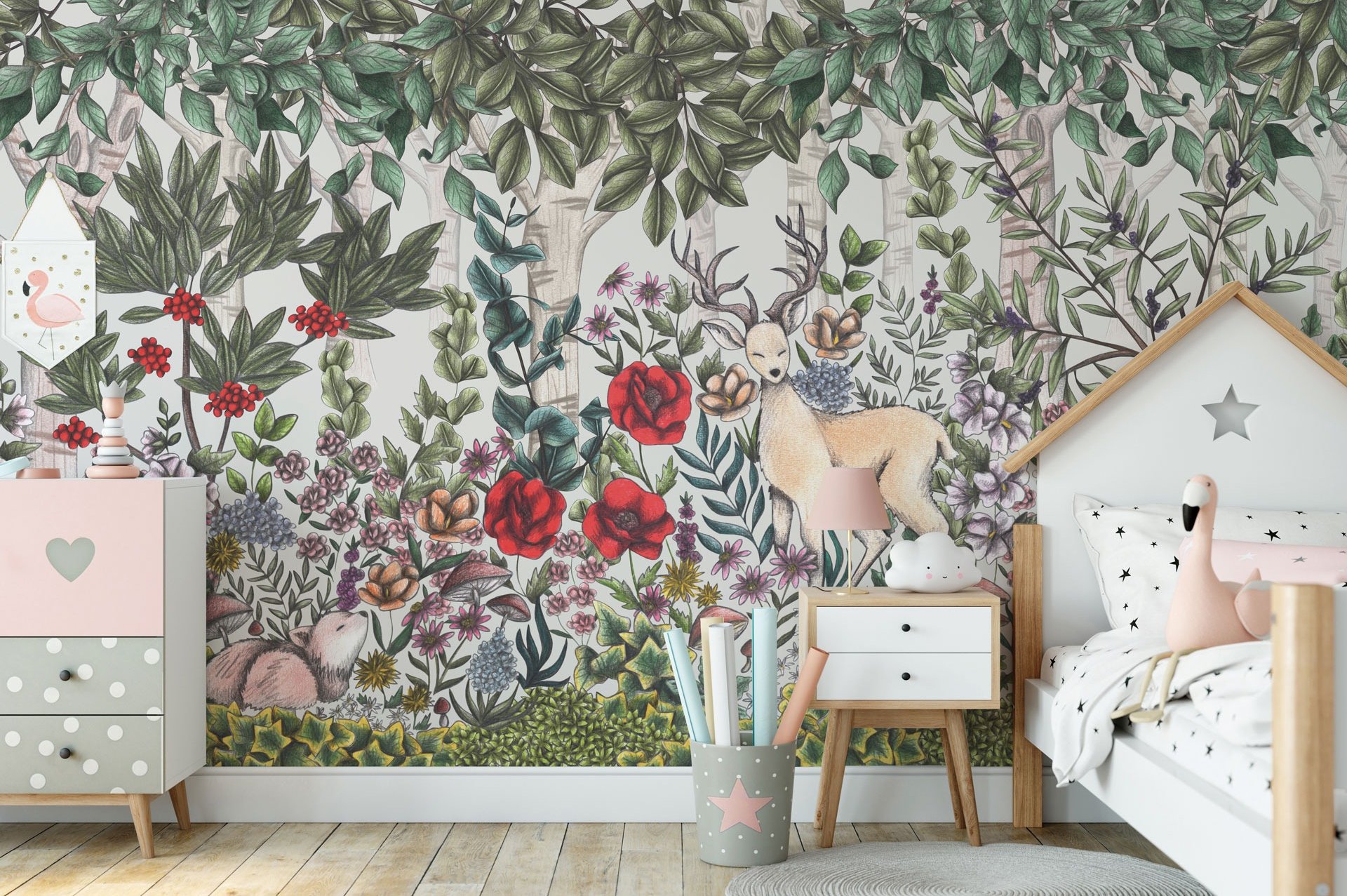 Kids Bedroom with a Woodland Creatures inside a Forest Wallpaper
