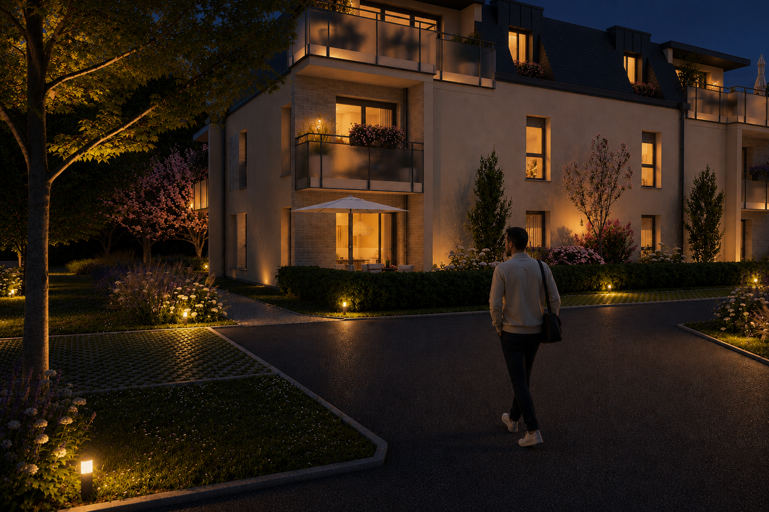 Résidence moderne de standing vue du ciel avec balcons spacieux, végétation soignée et environnement