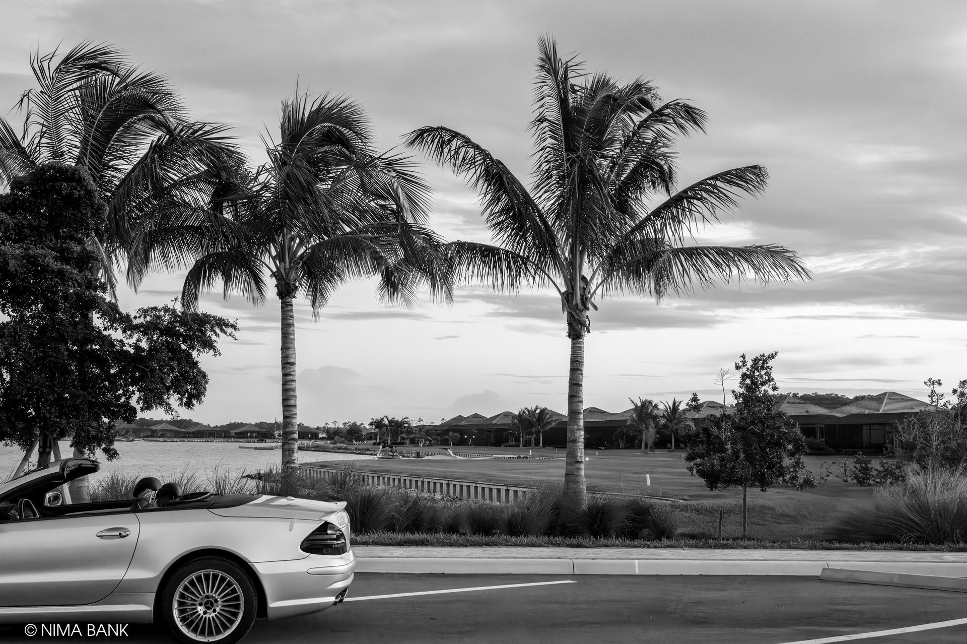 a convertible mercedes sl55 amg parked in front of palm trees and a lake in wildblue resort estero 