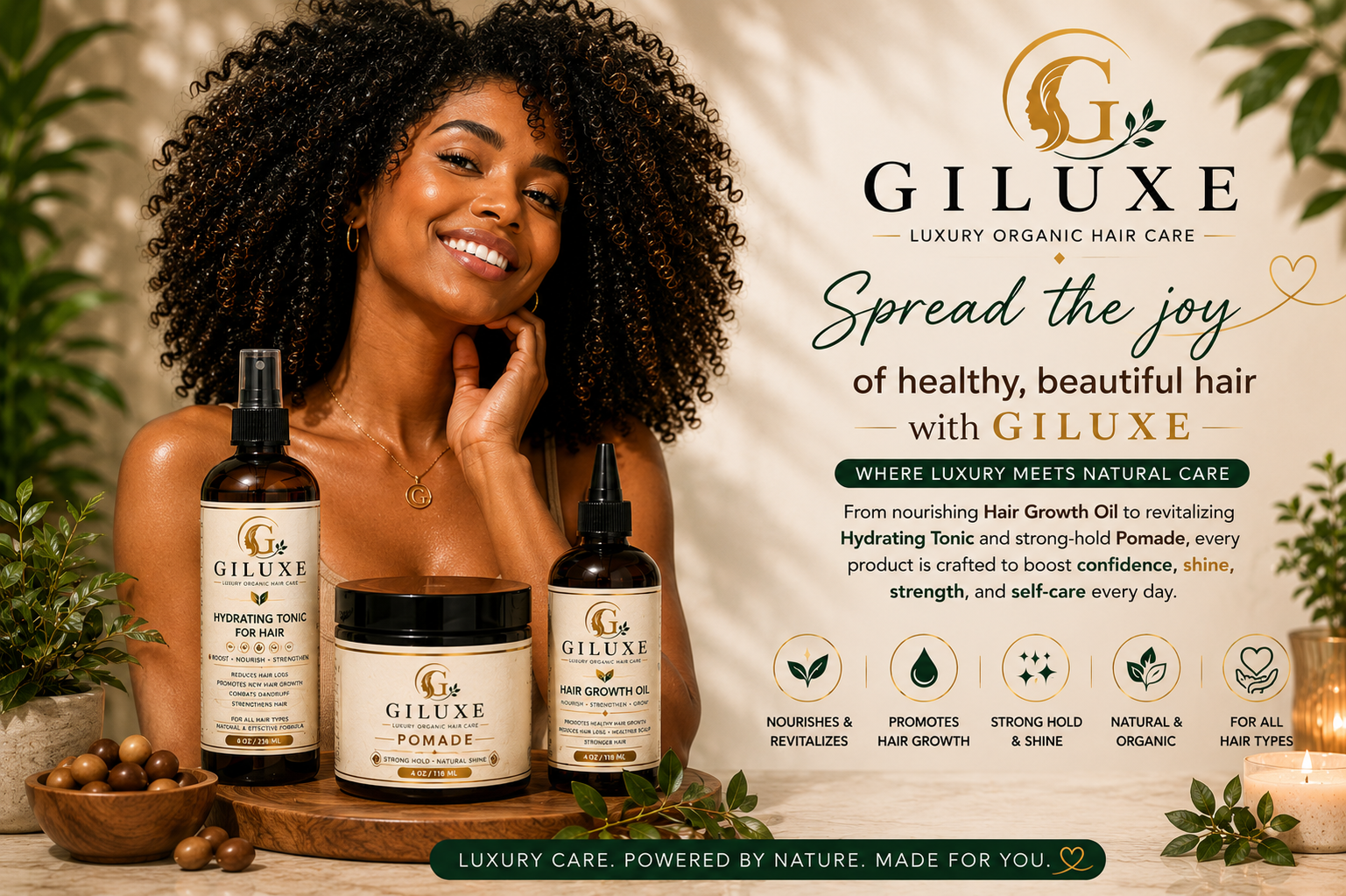 Smiling woman with curly hair showcasing Giluxe organic hair growth oil, tonic, and pomade.