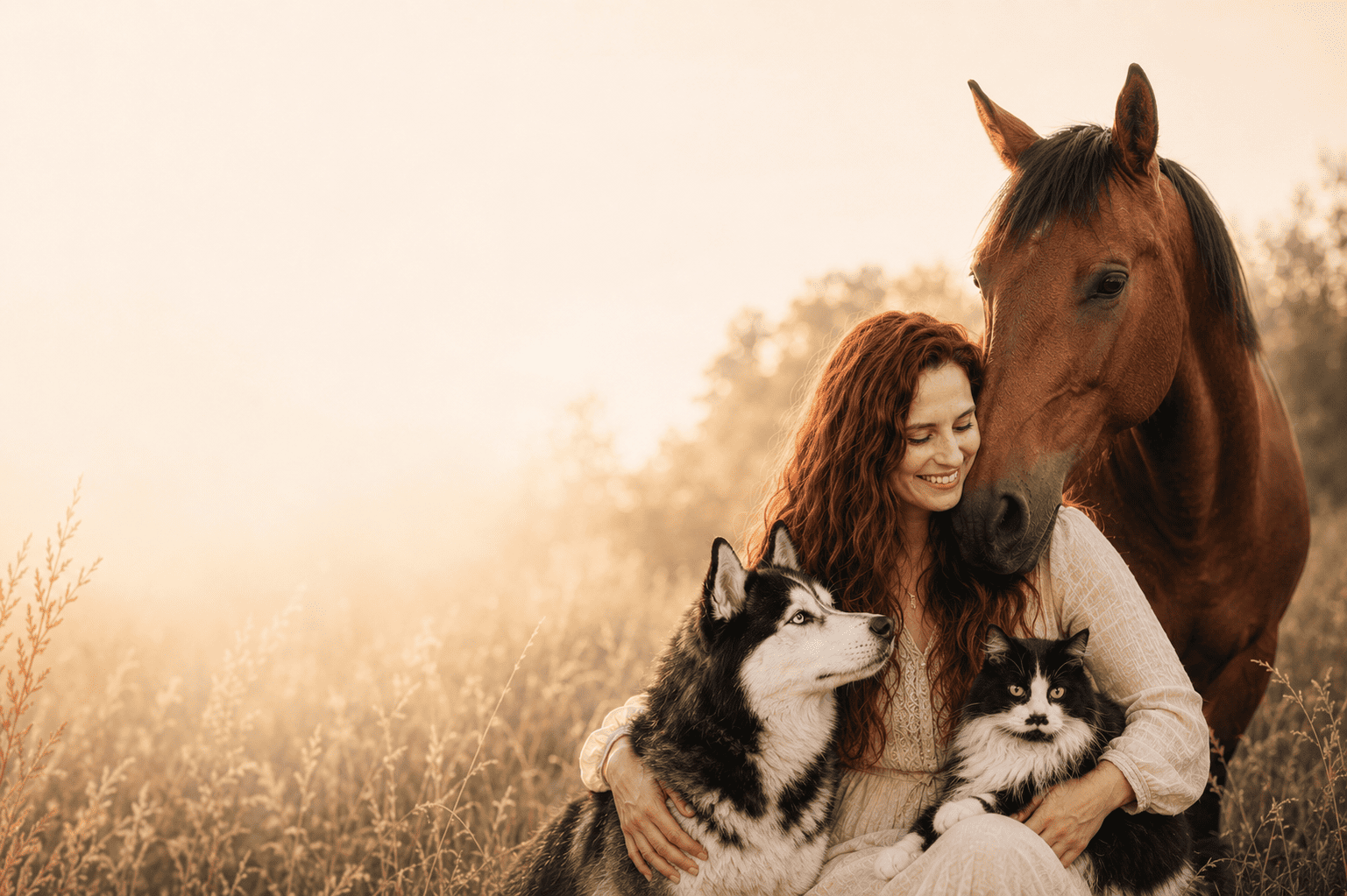 Marion accompagnée de son chat, chien et cheval, dans un paysage naturel doré. Ses animaux sont contre elle.