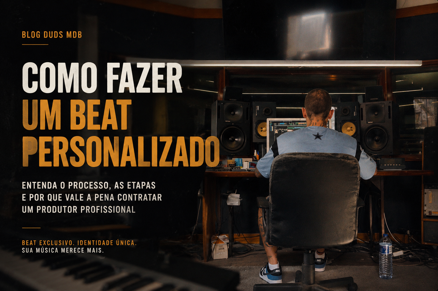 Produtor musical criando um beat personalizado para um artista em estúdio.