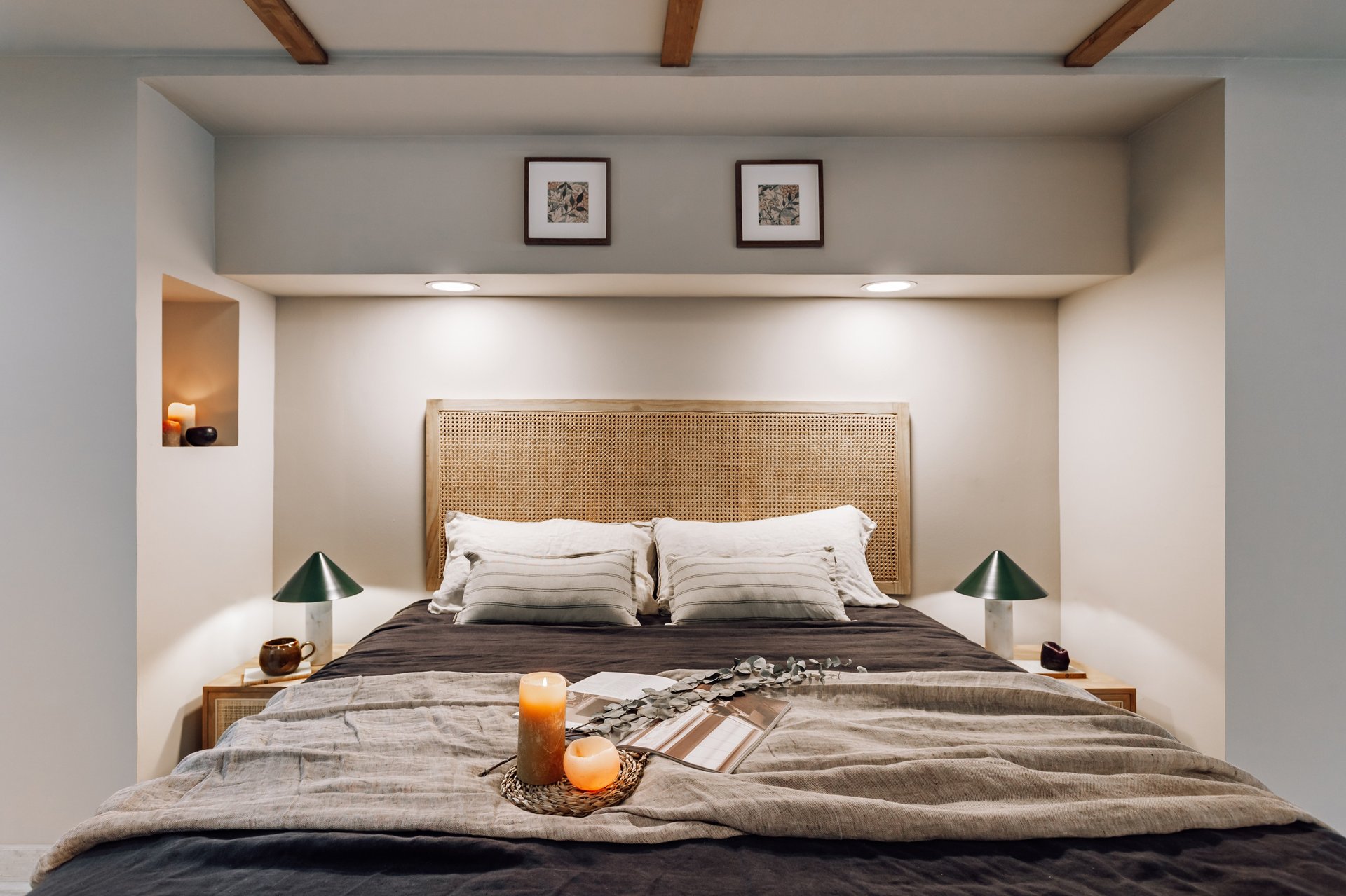 Bedroom design with natural wood furniture, rustic decor, calming tones residential interior