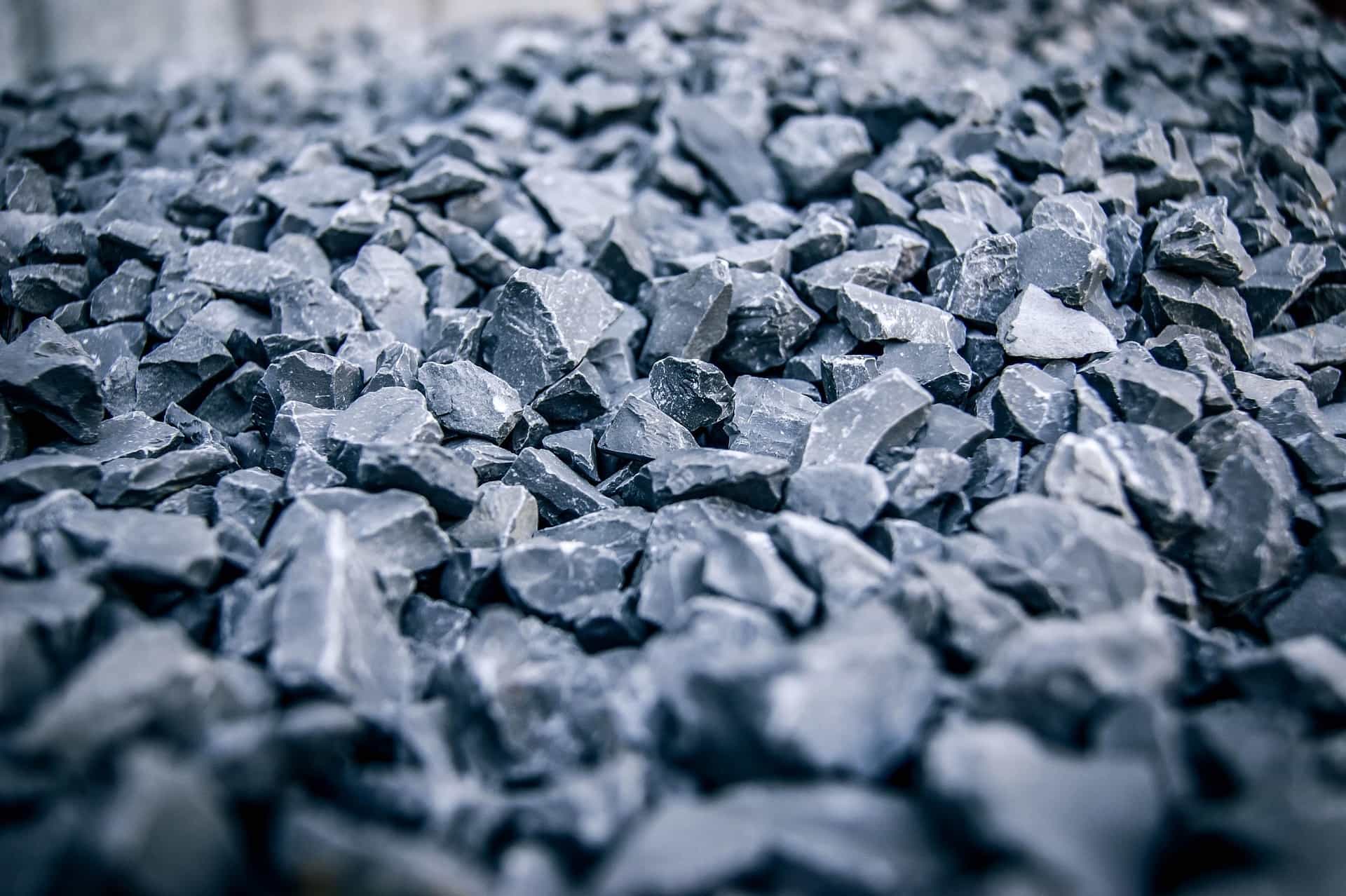 Close-up of pile of gray crushed stone gravel used for landscaping and construction projects.