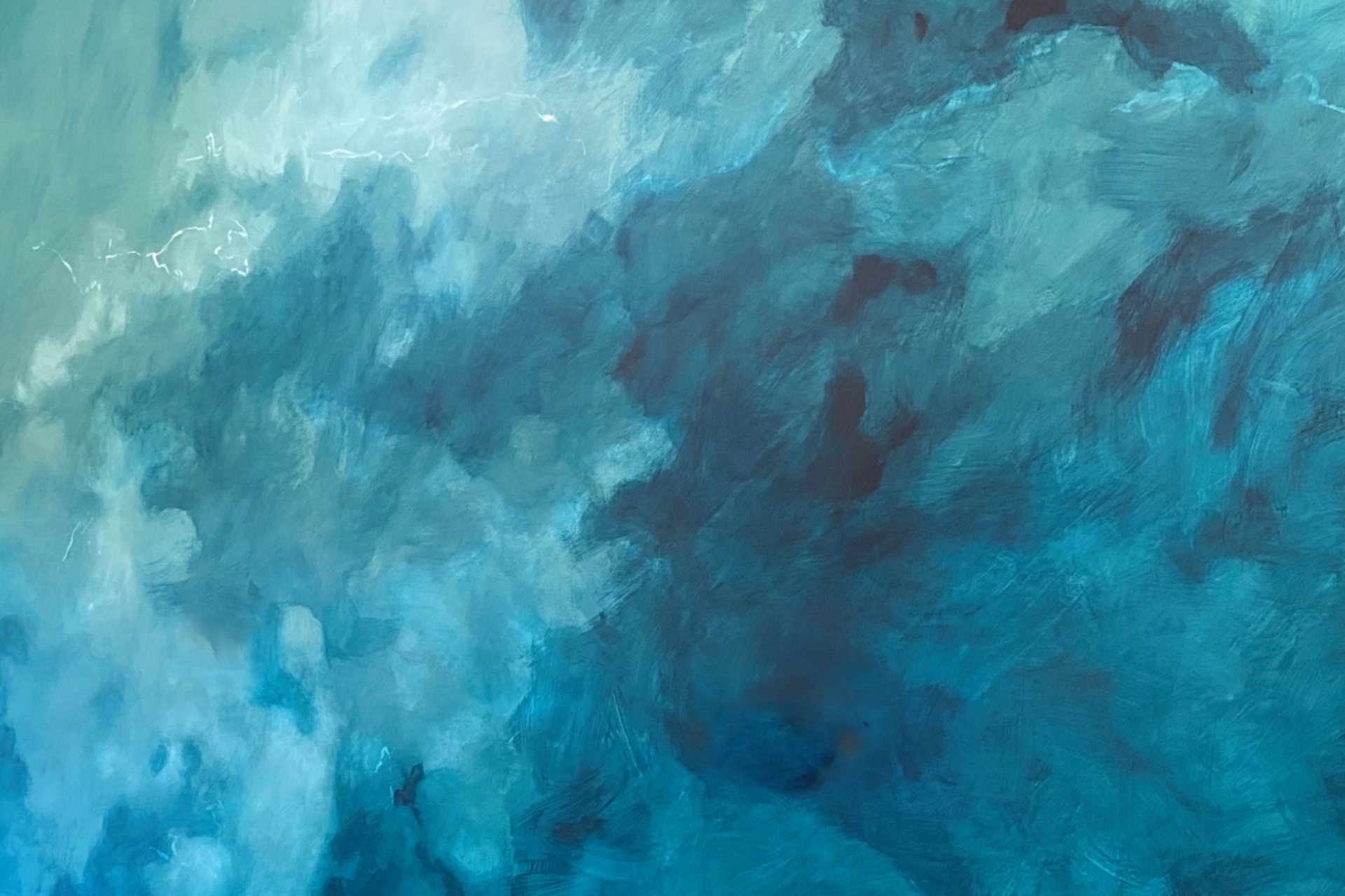 Abstract deep teal blue atmospheric mural with soft cloud-like movement; vokes the feeling of thought unfolding underwater