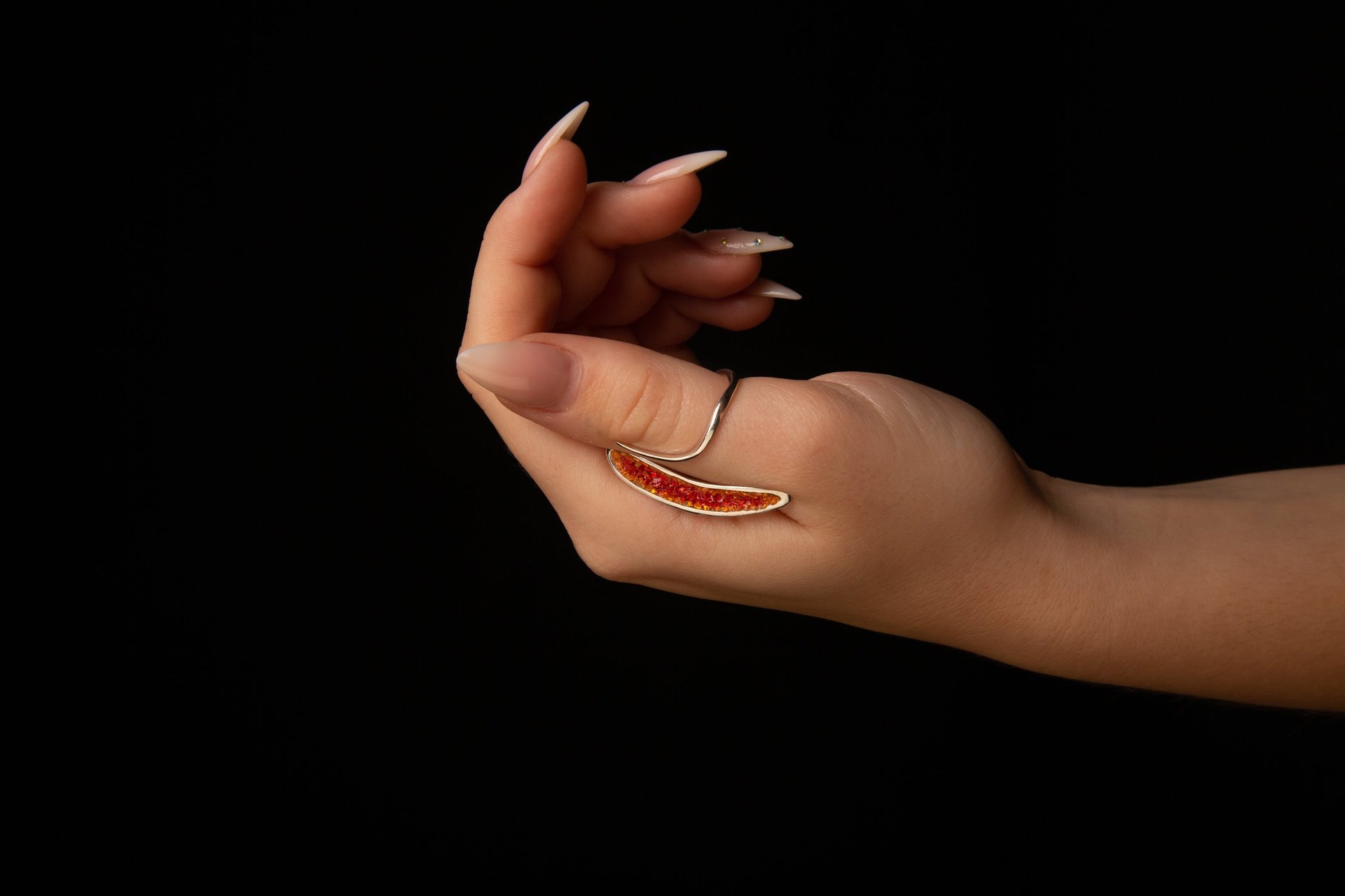 Kinga Olah Jewellery Artist and Designer Thumb Silver Ring Fire Opals 