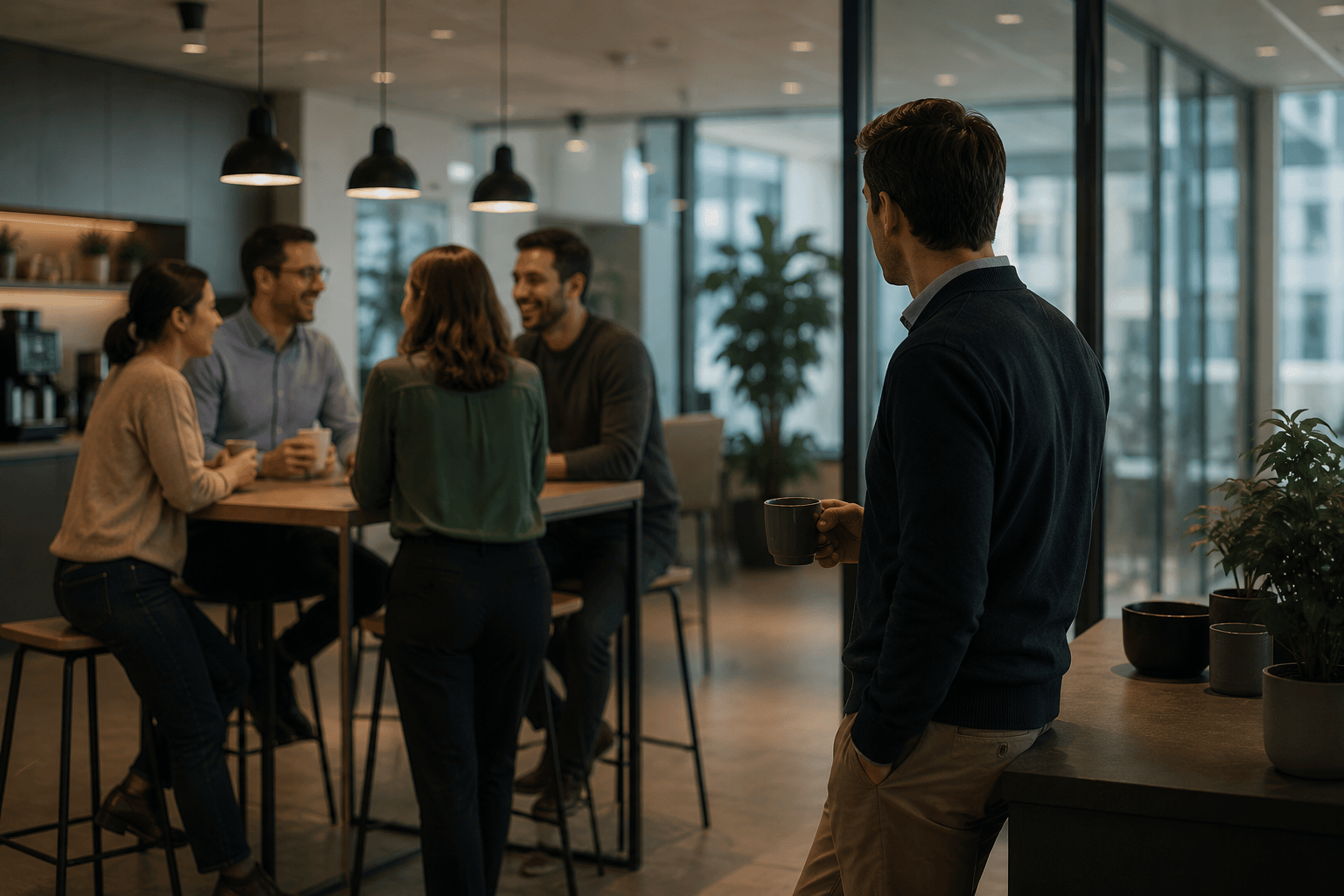 Manager observant son ancienne équipe lors d’une pause café en entreprise
