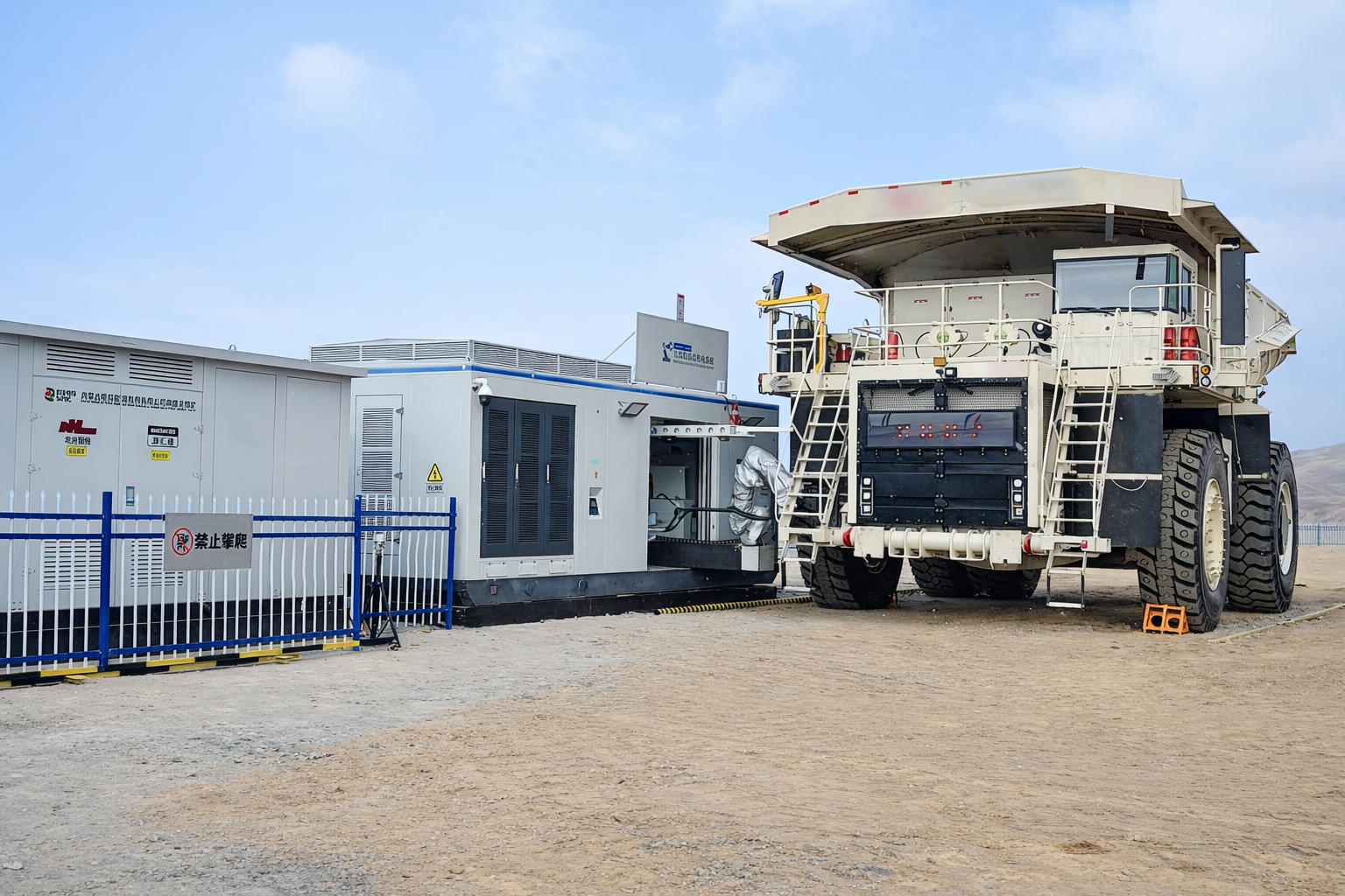 Automated robotic charging arm connecting to a large mining truck chassis for autonomous charging.