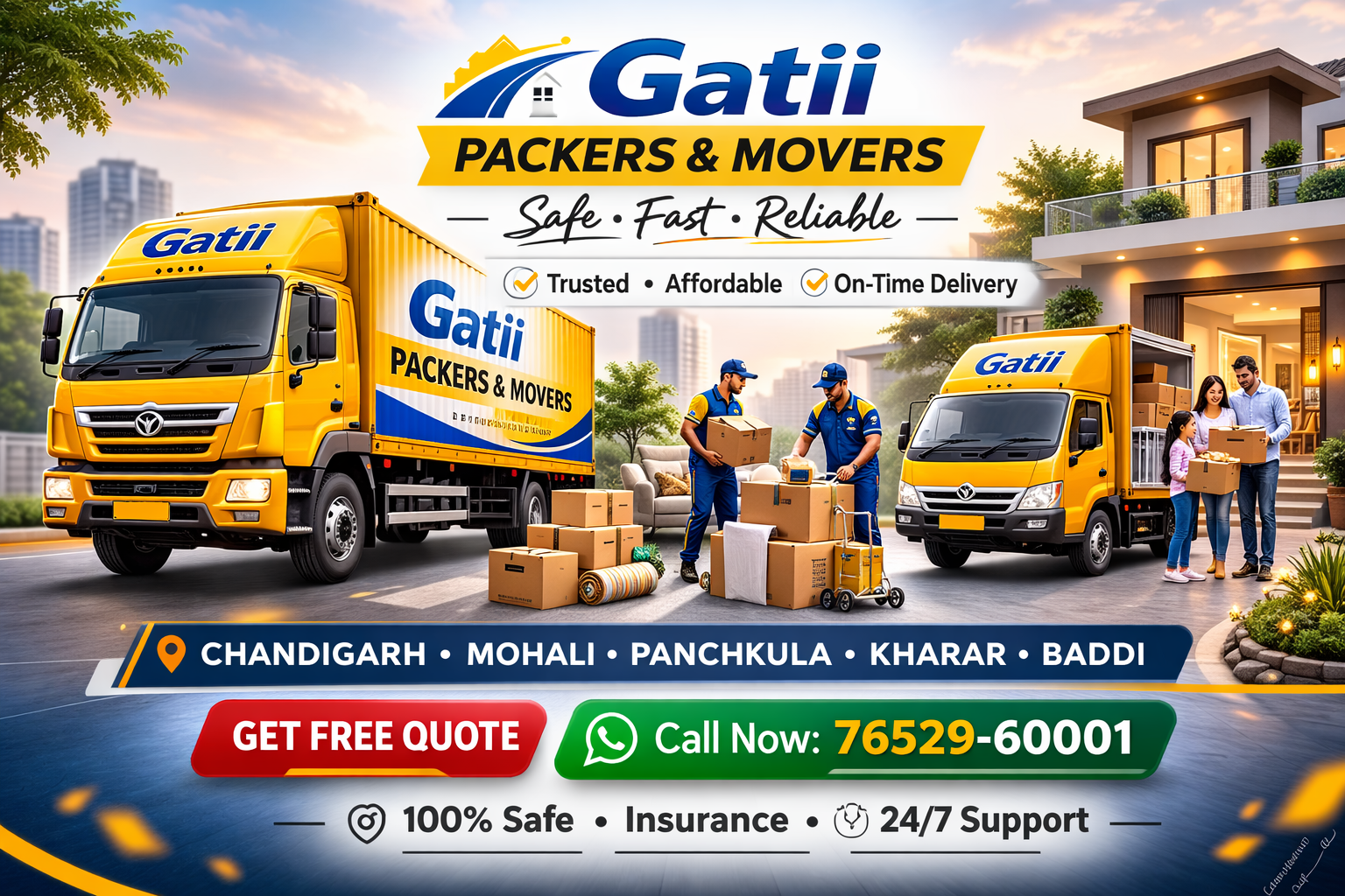 Gatii Packers and Movers yellow trucks and staff providing professional home relocation services in Chandigarh.