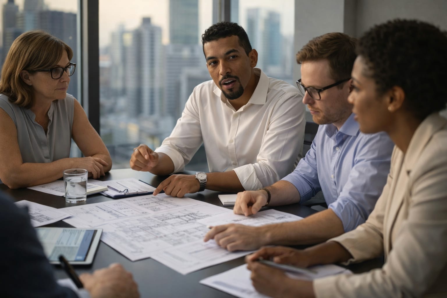 Diverse business team reviewing architectural blueprints and project documents in a modern office meeting.
