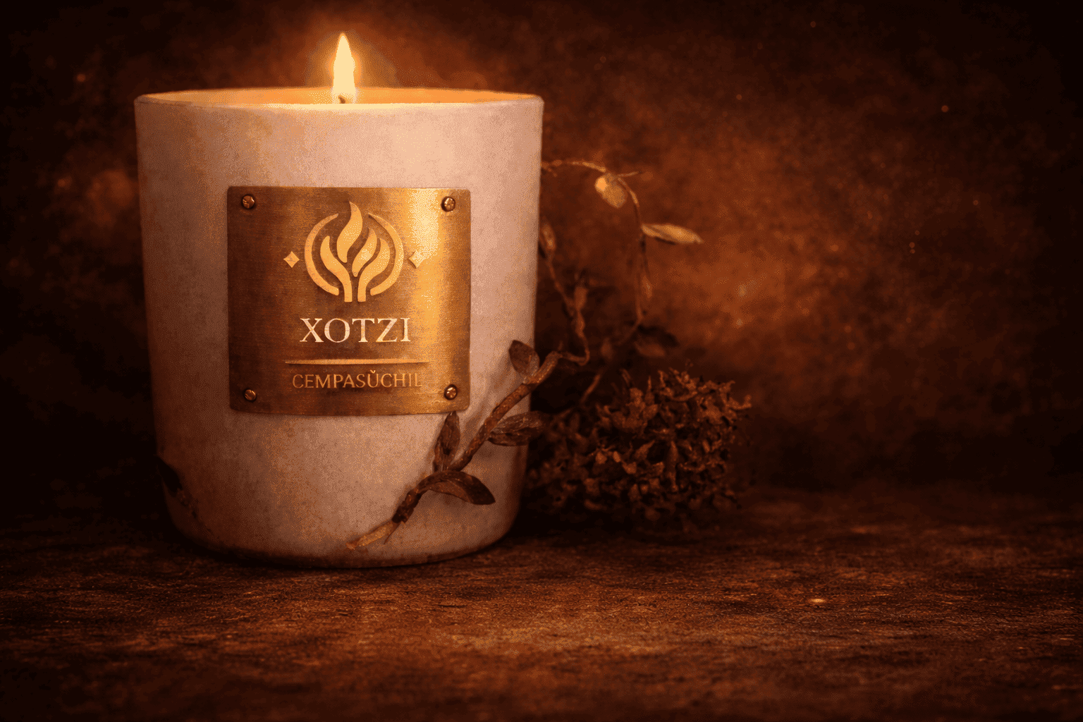 vela encendida con una etiqueta metalica del logo xotzi y cempasuchil,