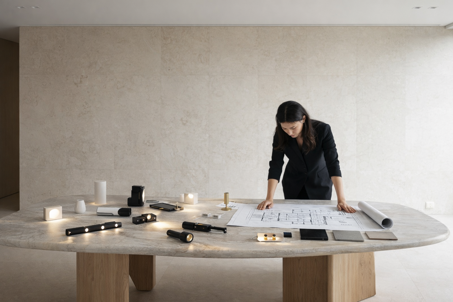 Arquiteta analisando projeto de iluminação com luminárias e plantas arquitetônicas em estúdio contemporâneo