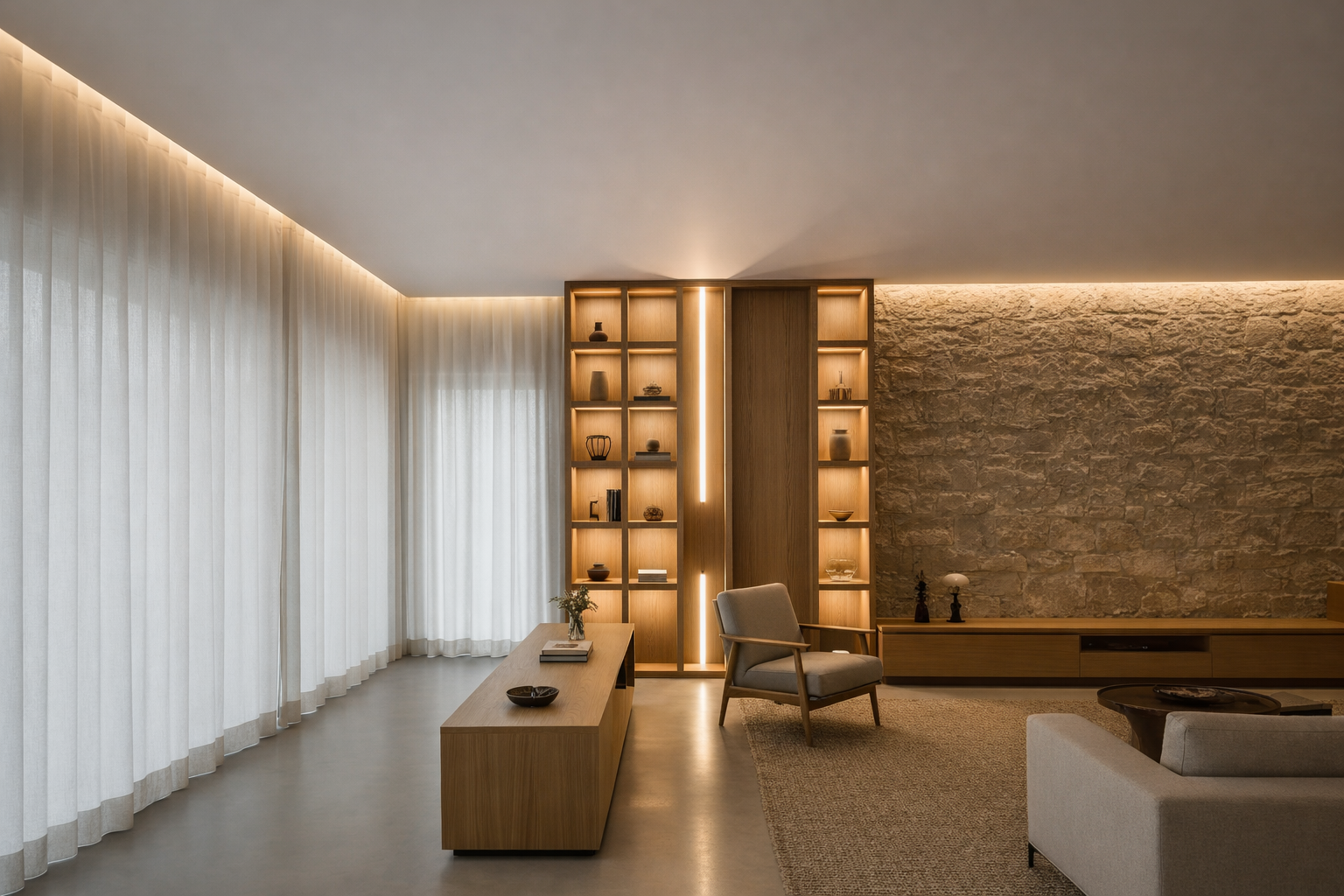 Projeto de iluminação residencial com luz indireta destacando estante e materiais naturais em ambien