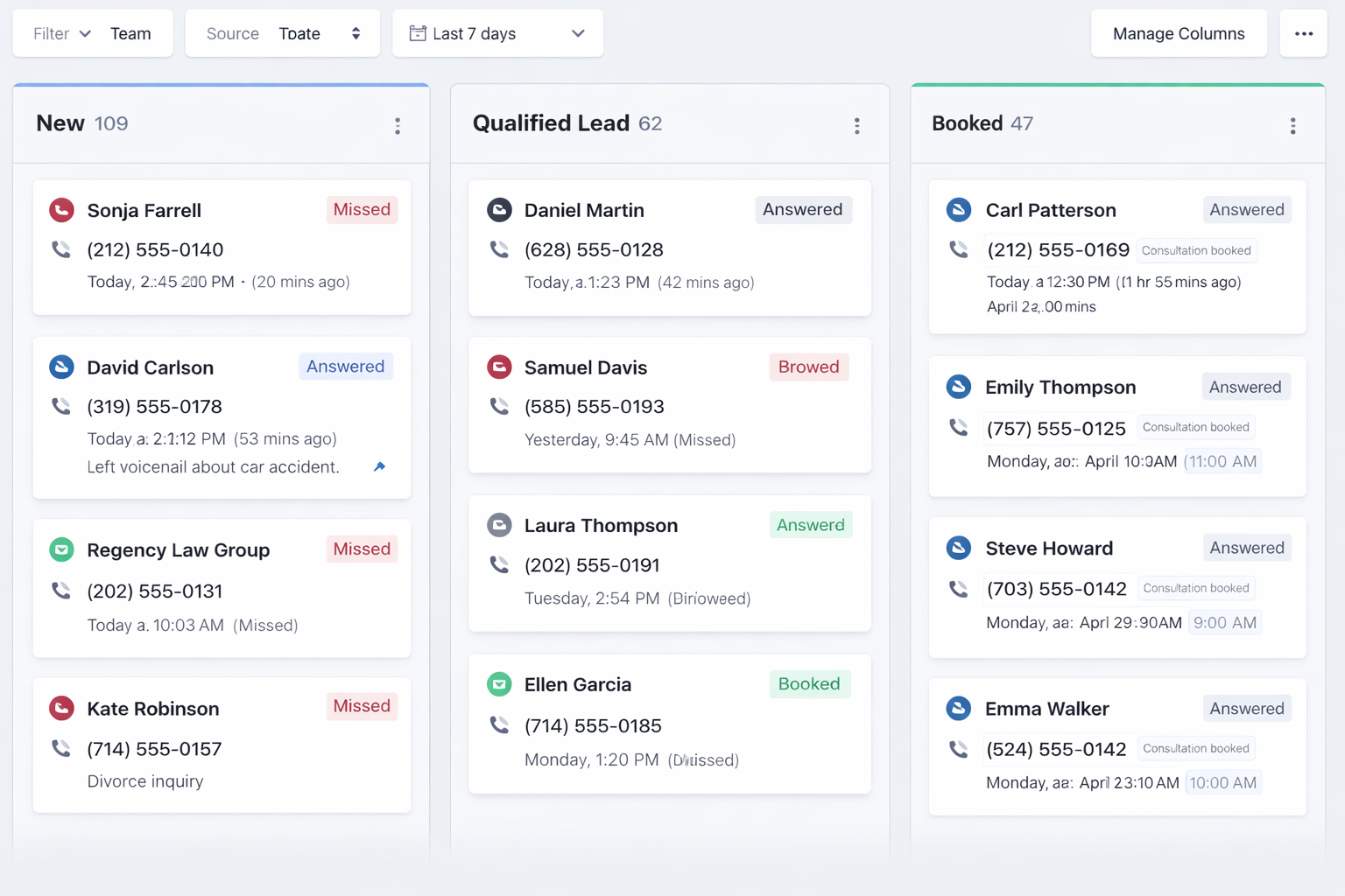 Law firm intake dashboard showing new and qualified personal injury leads with call status and booki
